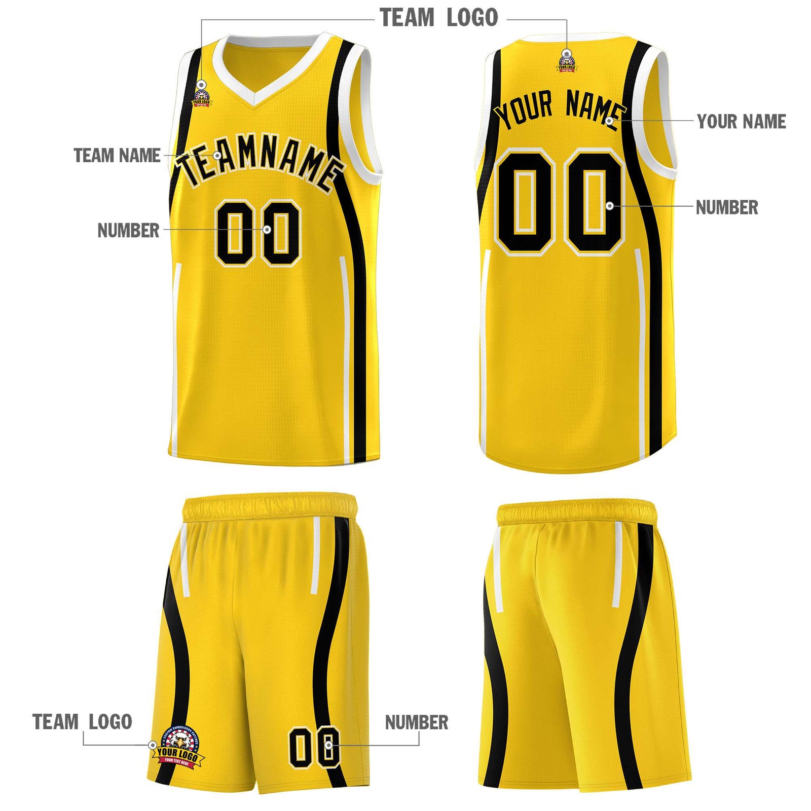 Custom Gold Black-White Ribbon Pattern Basketball Kits