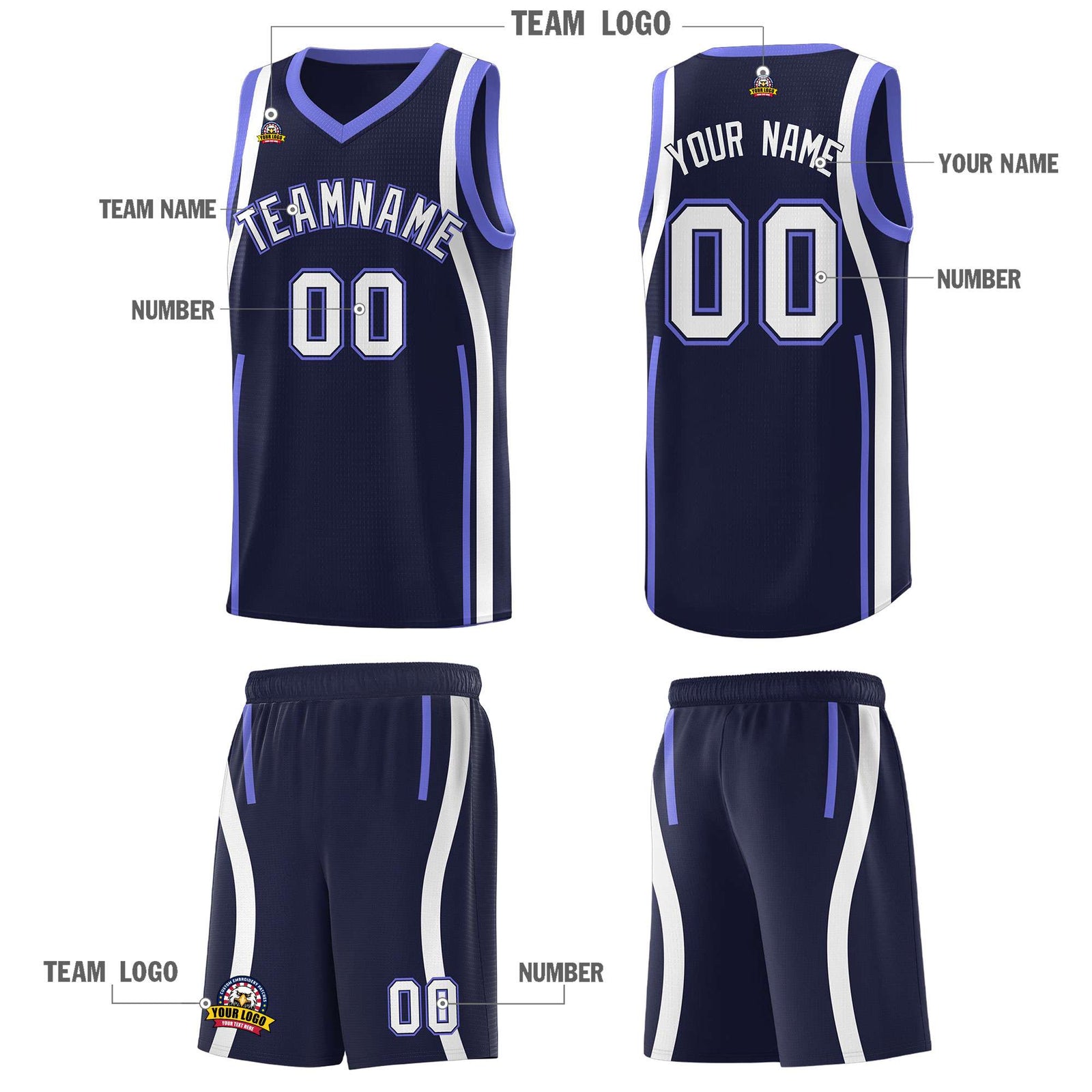Custom Navy Purple-White Ribbon Pattern Basketball Kits