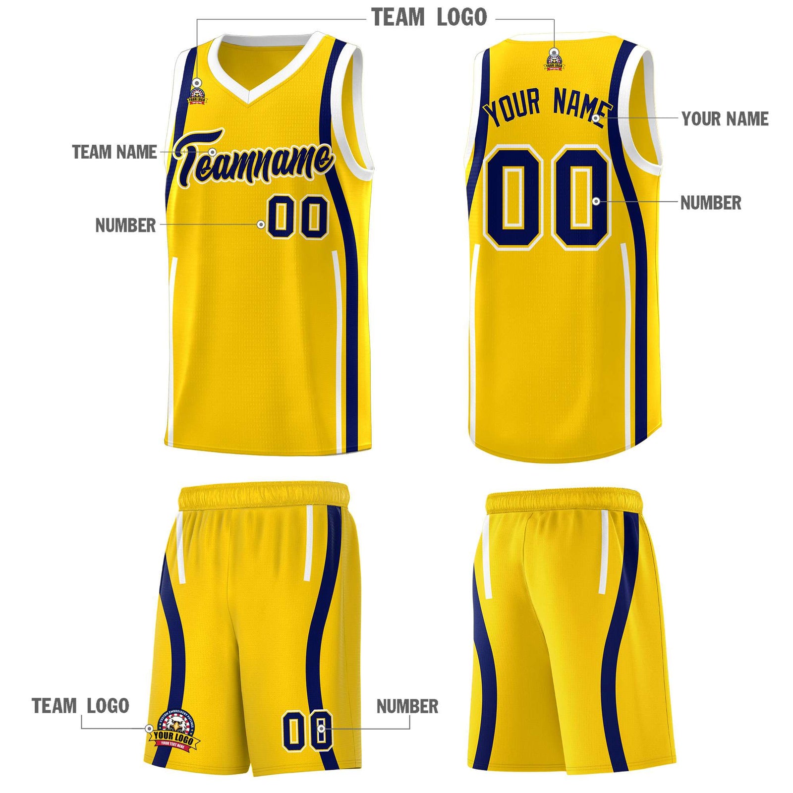 Custom Gold Navy-White Ribbon Pattern Basketball Kits