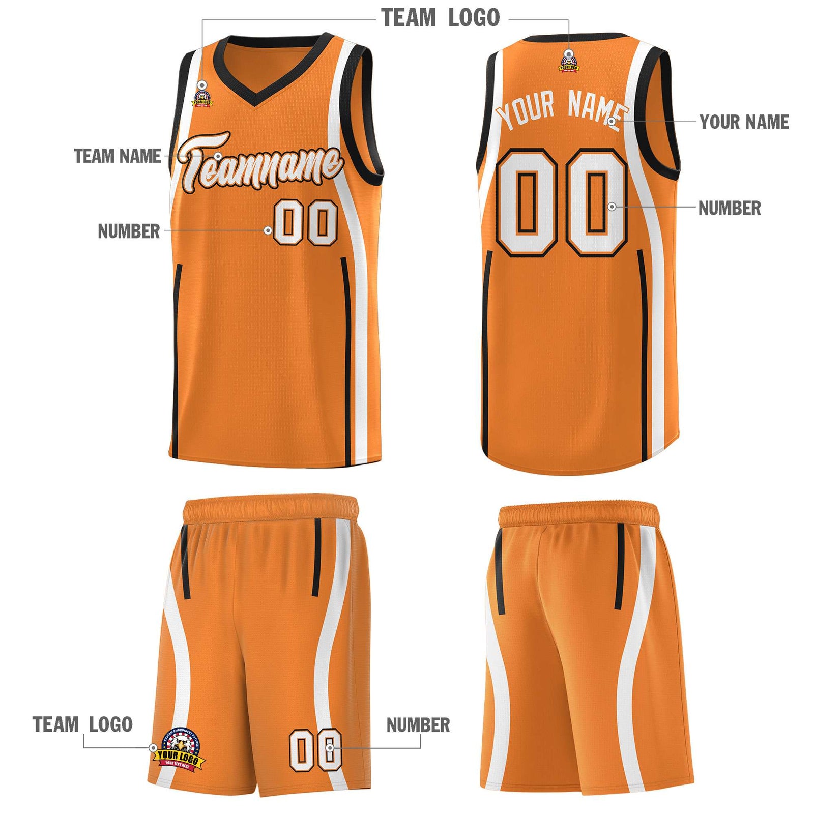 Custom Gold Orange Black-White Ribbon Pattern Basketball Kits