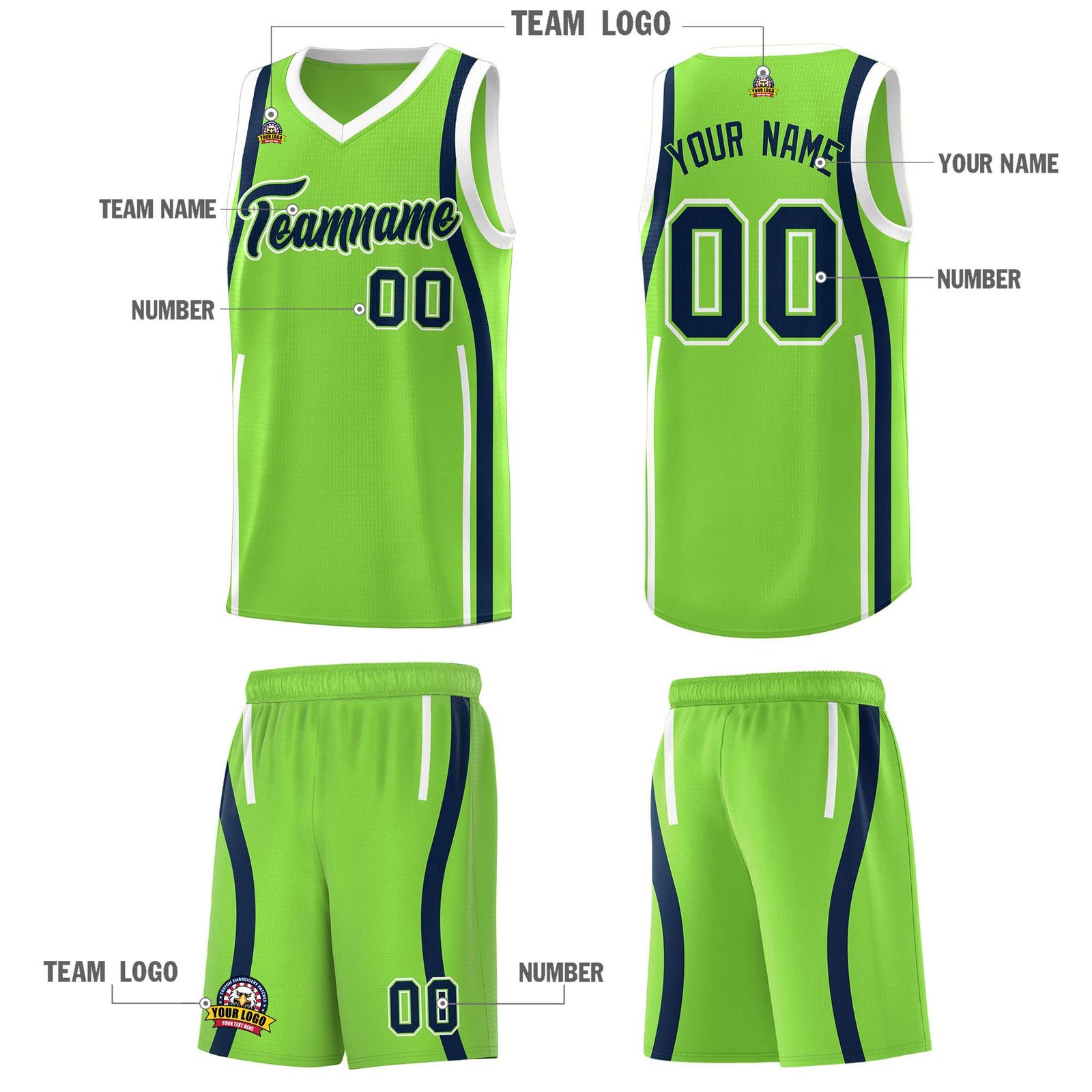 Custom Fluorescent Green Navy-White Ribbon Pattern Basketball Kits