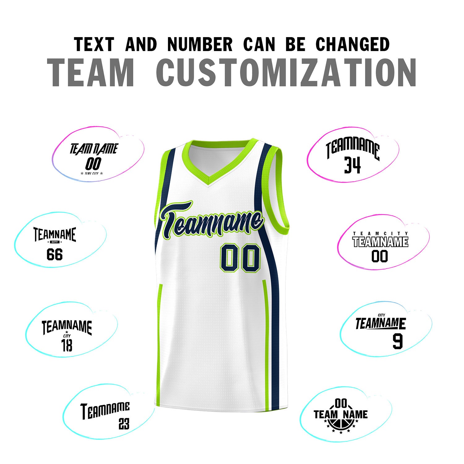 Custom White Fluorescent Green-Navy Ribbon Pattern Basketball Kits