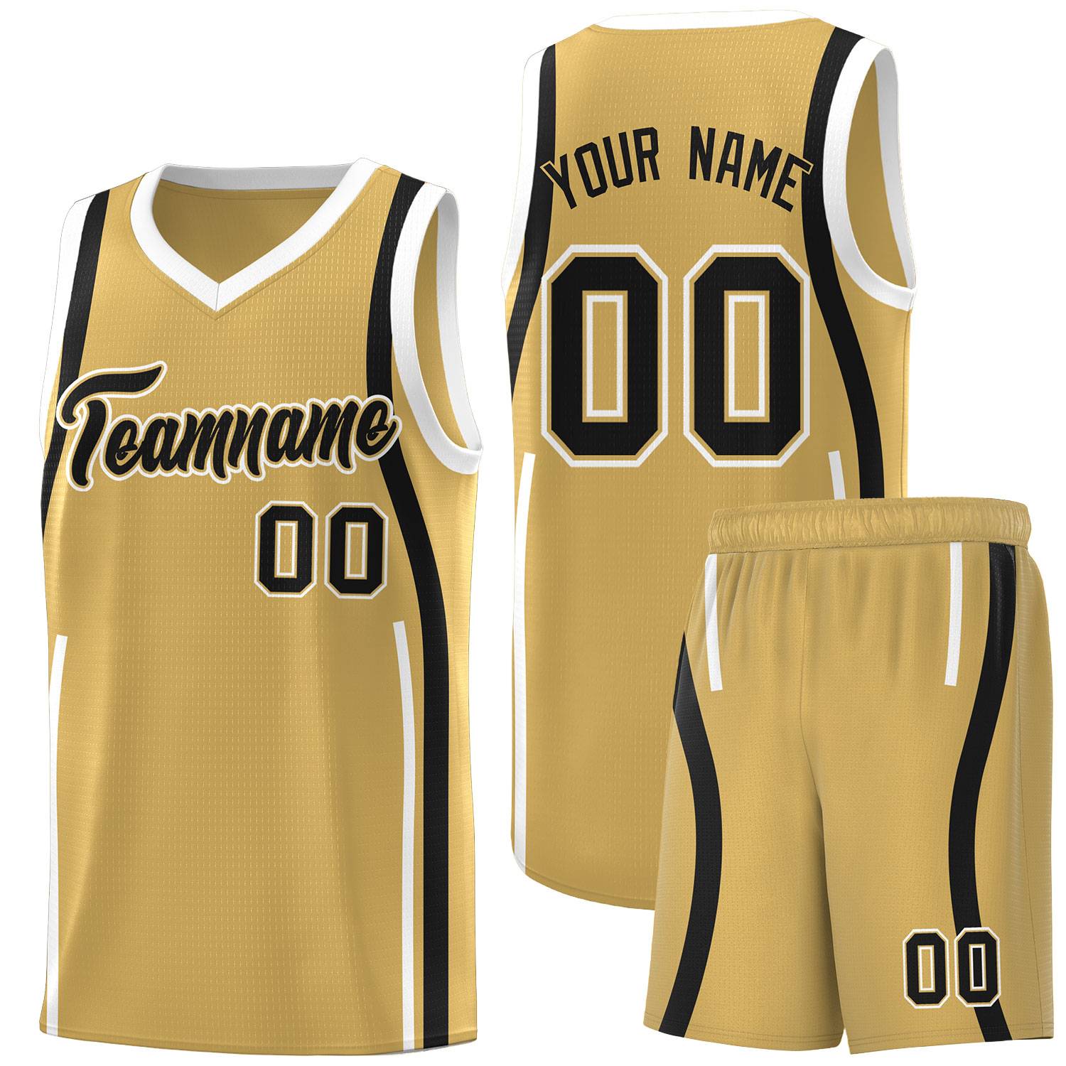 Custom Old Gold Black-White Ribbon Pattern Basketball Kits