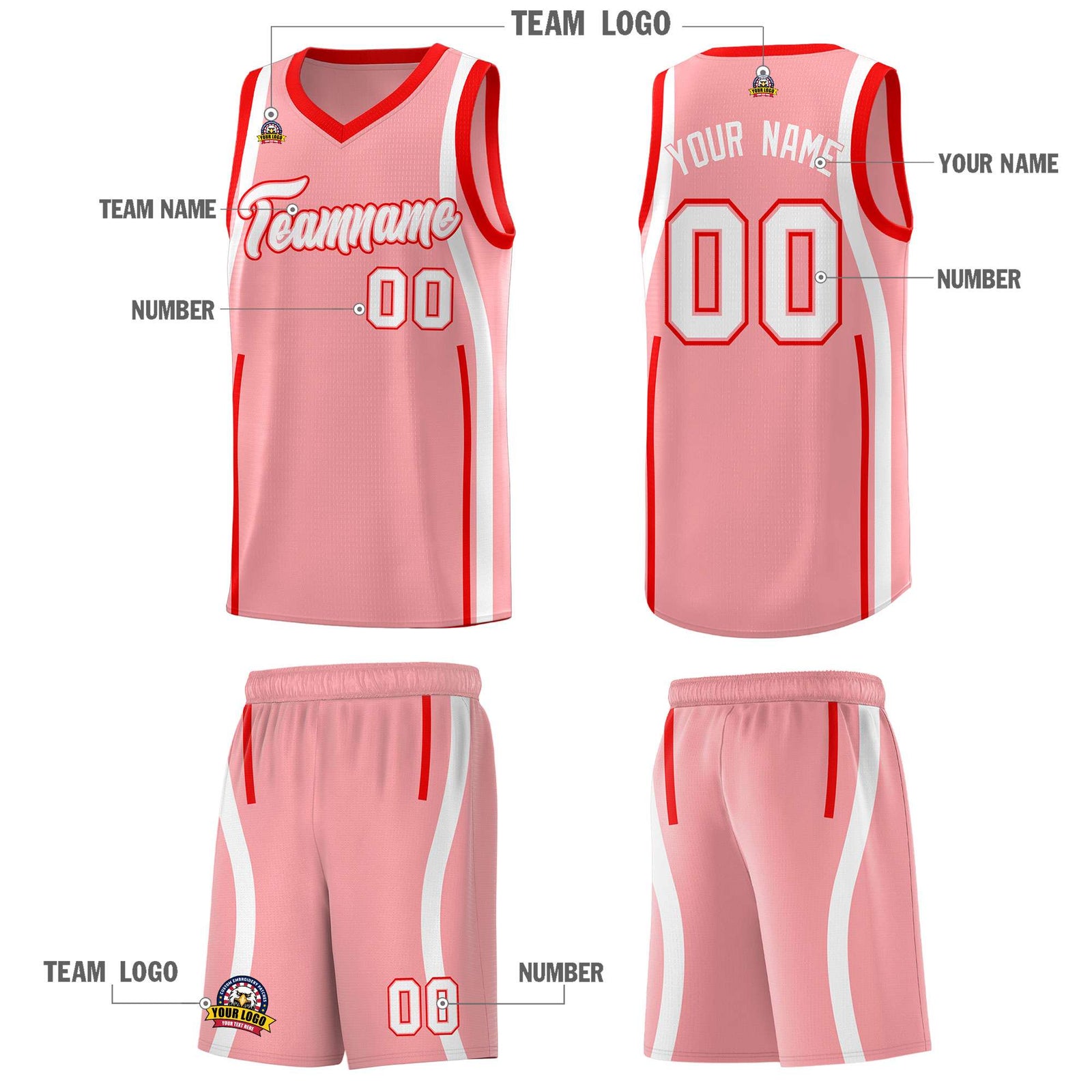 Custom Light Pink Light Red-White Ribbon Pattern Basketball Kits