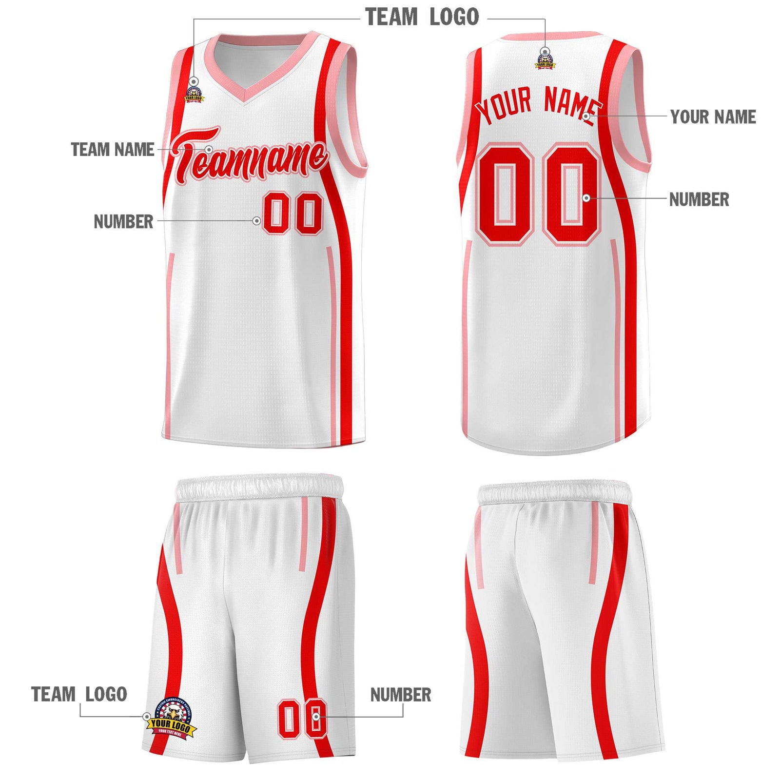 Custom White Light Red-Light Pink Ribbon Pattern Basketball Kits