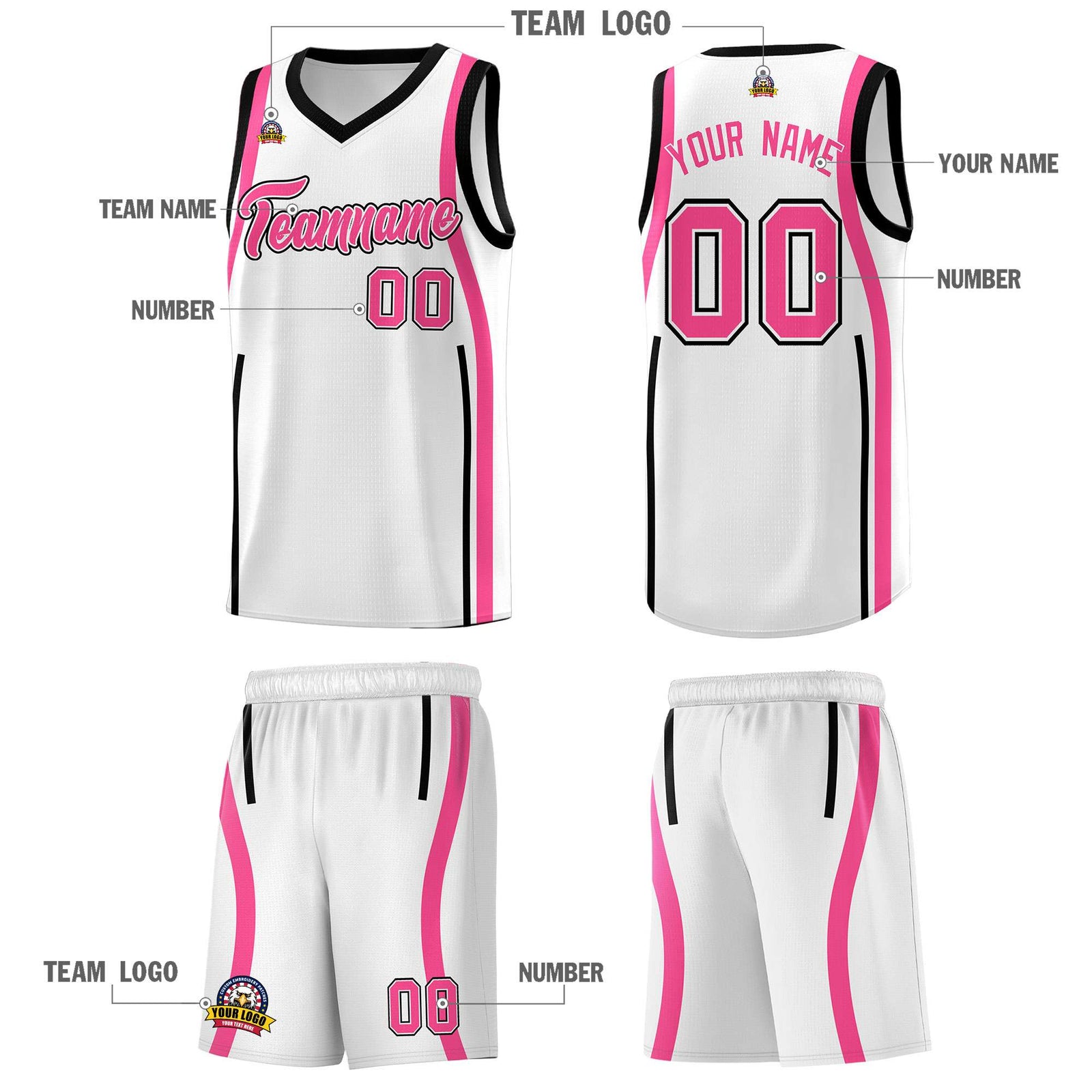 Custom White Pink-Black Ribbon Pattern Basketball Kits
