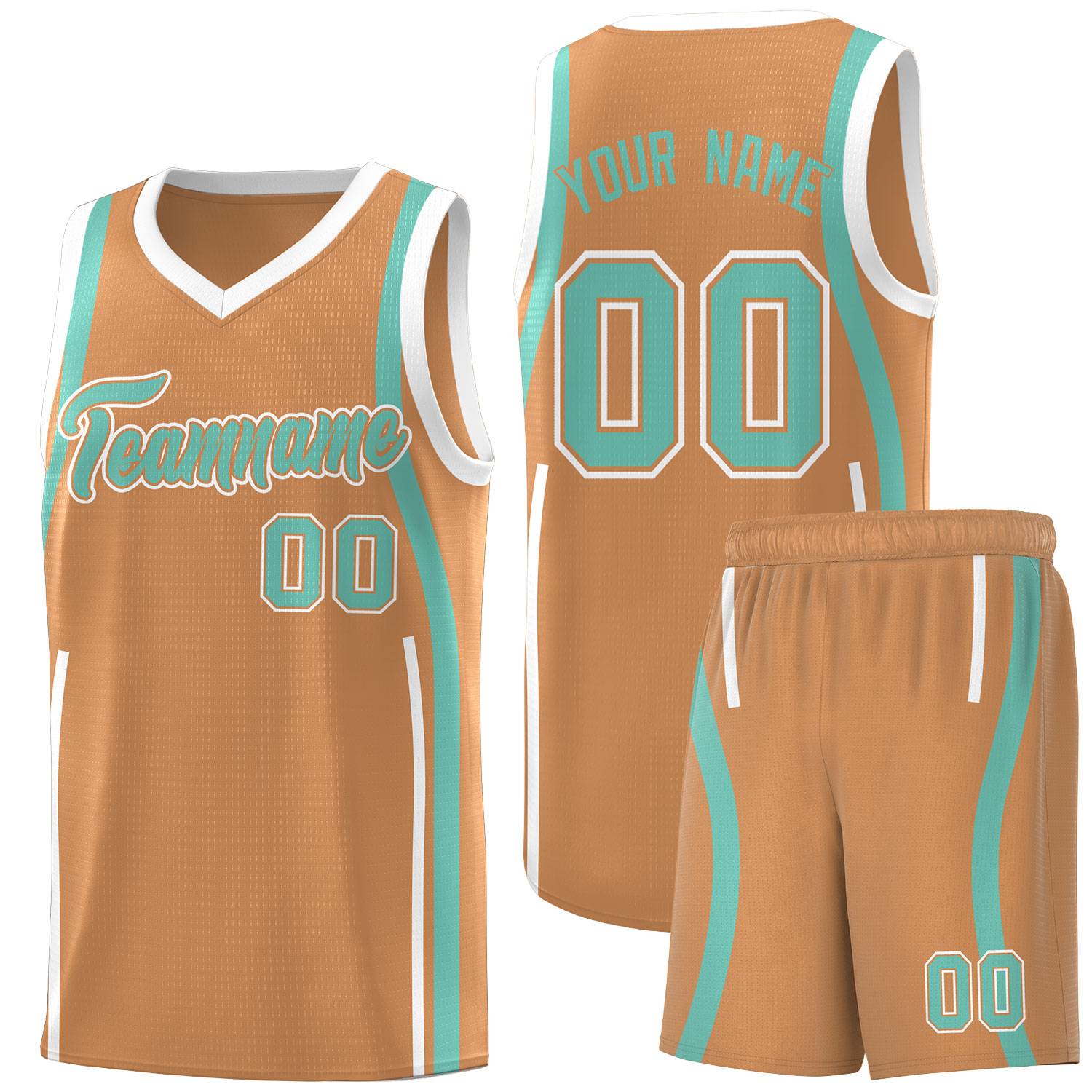 Custom Buckskin Brown Bright Green-White Ribbon Pattern Basketball Kits