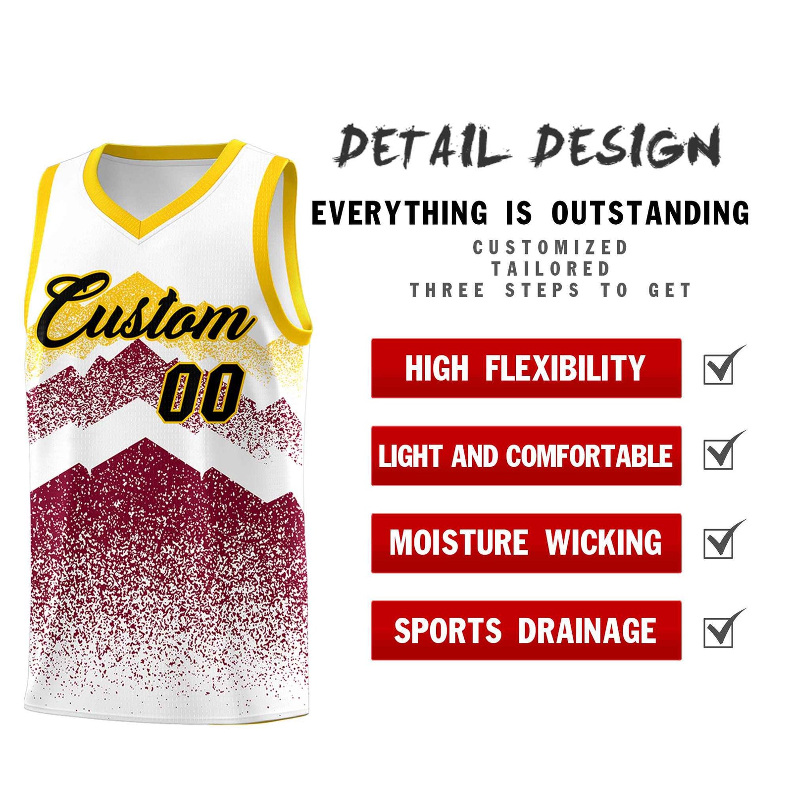 Personalized Youth Basketball Jerseys White Crimson Gradient Mountain Design Uniforms