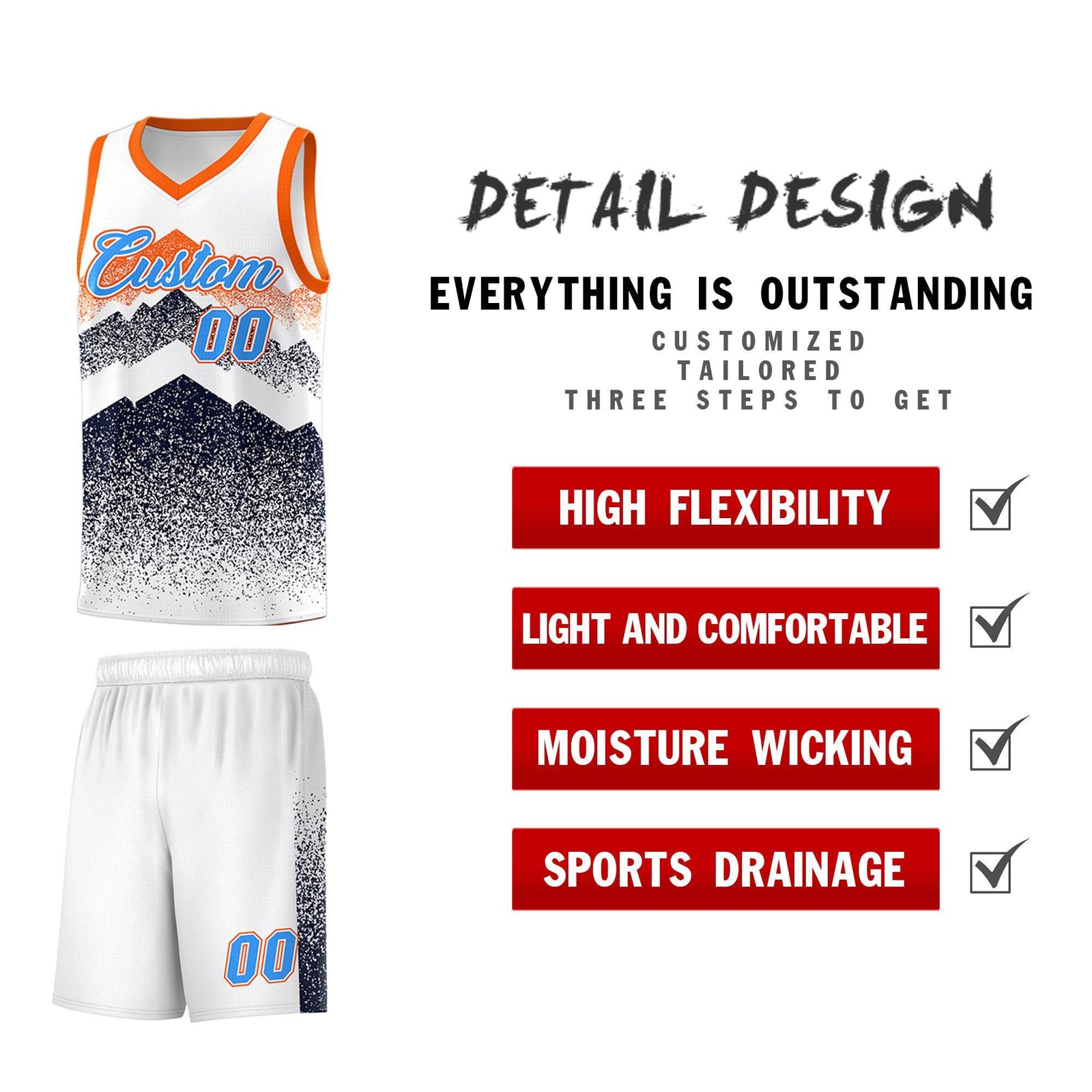 Personalized Youth Basketball Jerseys White Navy Gradient Mountain Design Uniforms