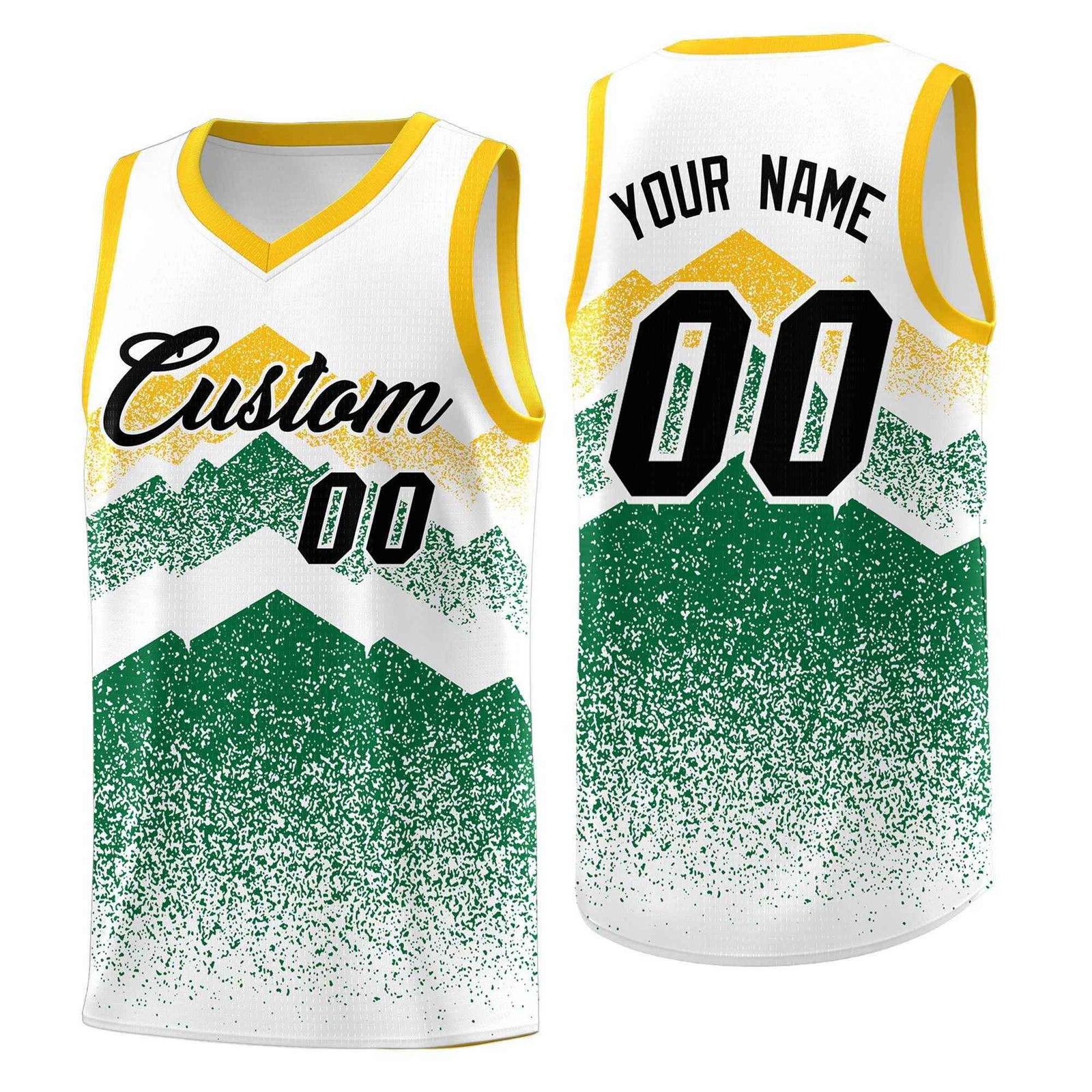 Personalized Youth Basketball Jerseys White Kelly Green Gradient Mountain Design Uniforms