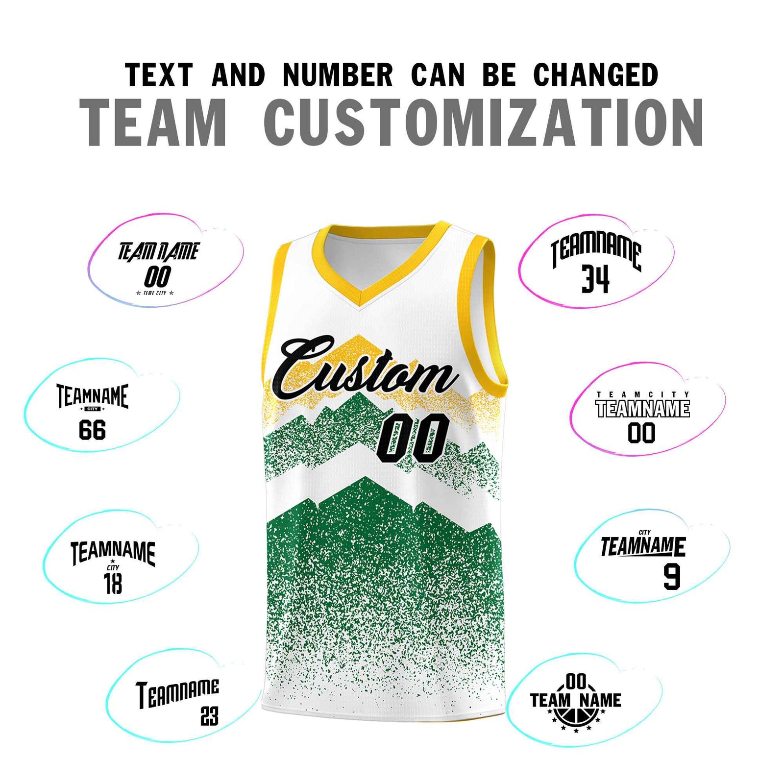 Personalized Youth Basketball Jerseys White Kelly Green Gradient Mountain Design Uniforms