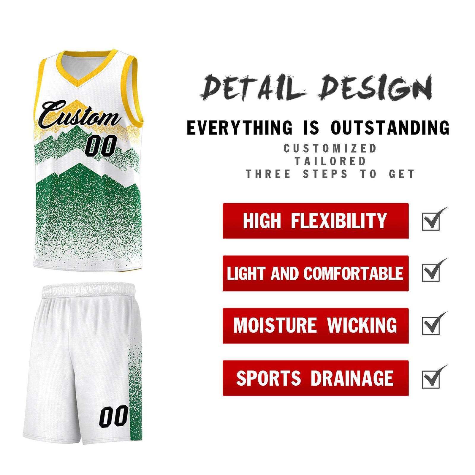 Personalized Youth Basketball Jerseys White Kelly Green Gradient Mountain Design Uniforms