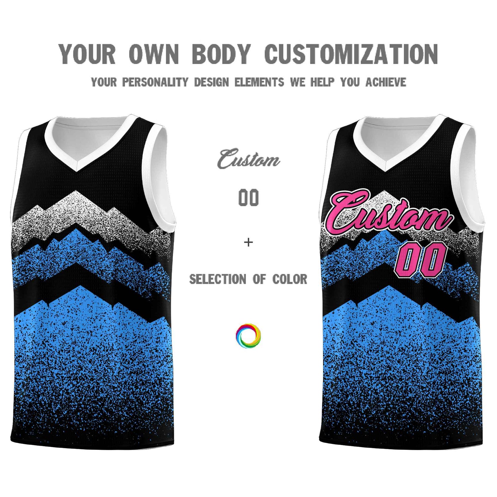 Personalized Youth Basketball Jerseys Black Powder Blue Gradient Mountain Design Uniforms