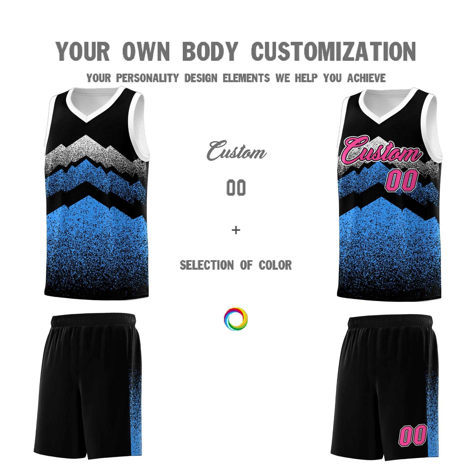 Personalized Youth Basketball Jerseys Black Powder Blue Gradient Mountain Design Uniforms