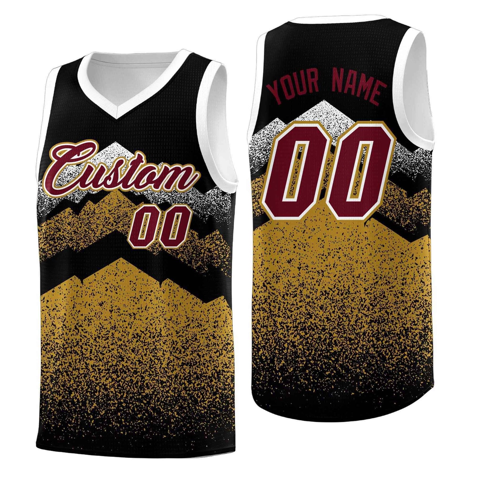 Custom Youth Basketball Jerseys Black Old Gold Gradient Mountain Design Uniforms