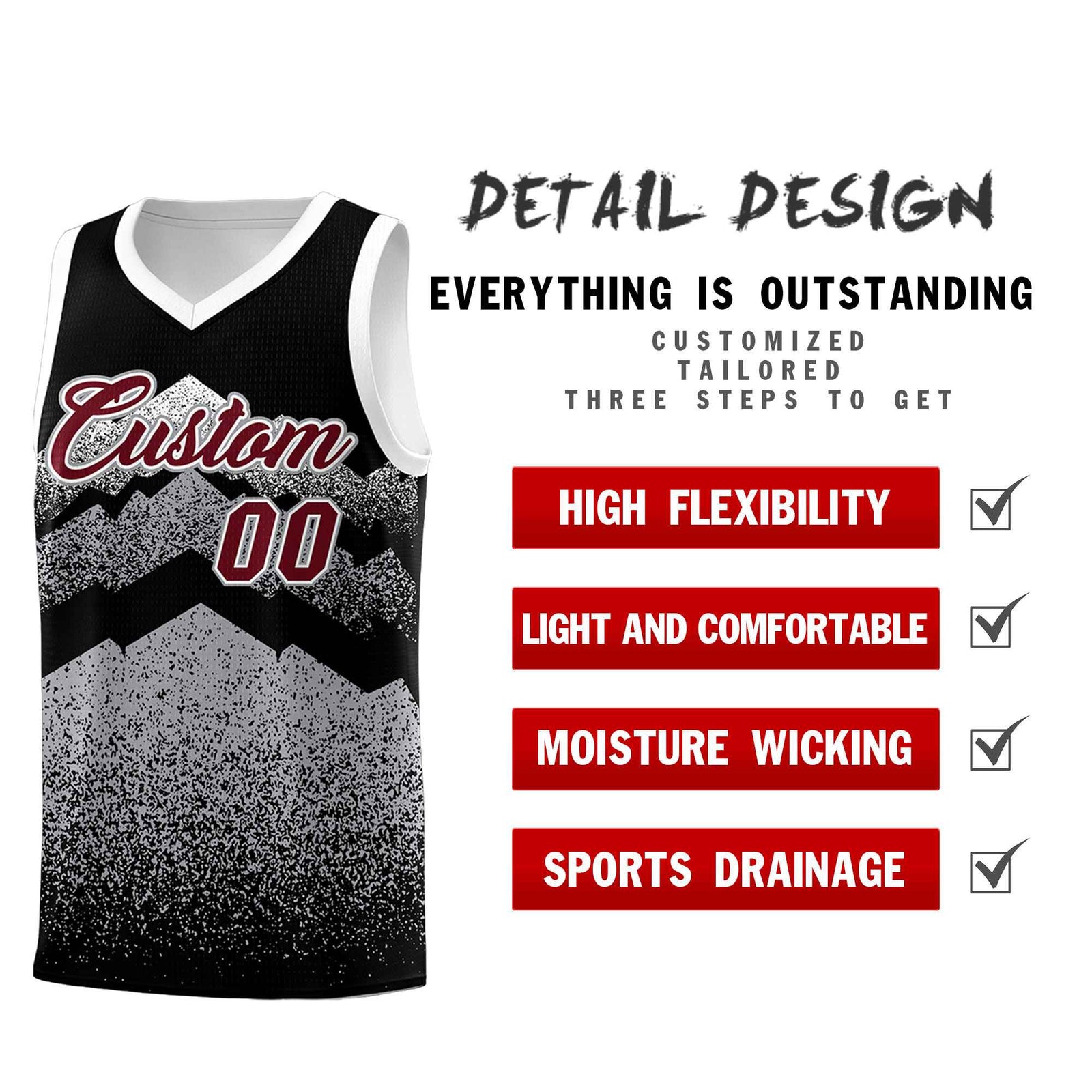 Personalized Youth Basketball Jerseys Black Gray Gradient Mountain Design Uniforms