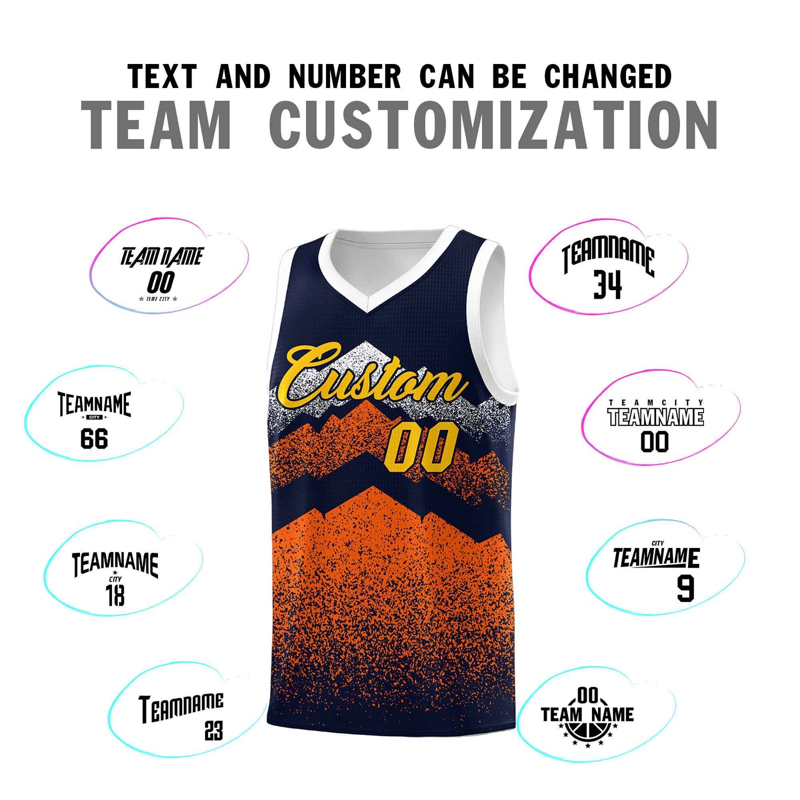 Personalized Youth Basketball Jerseys Navy Orange Gradient Mountain Design Uniforms