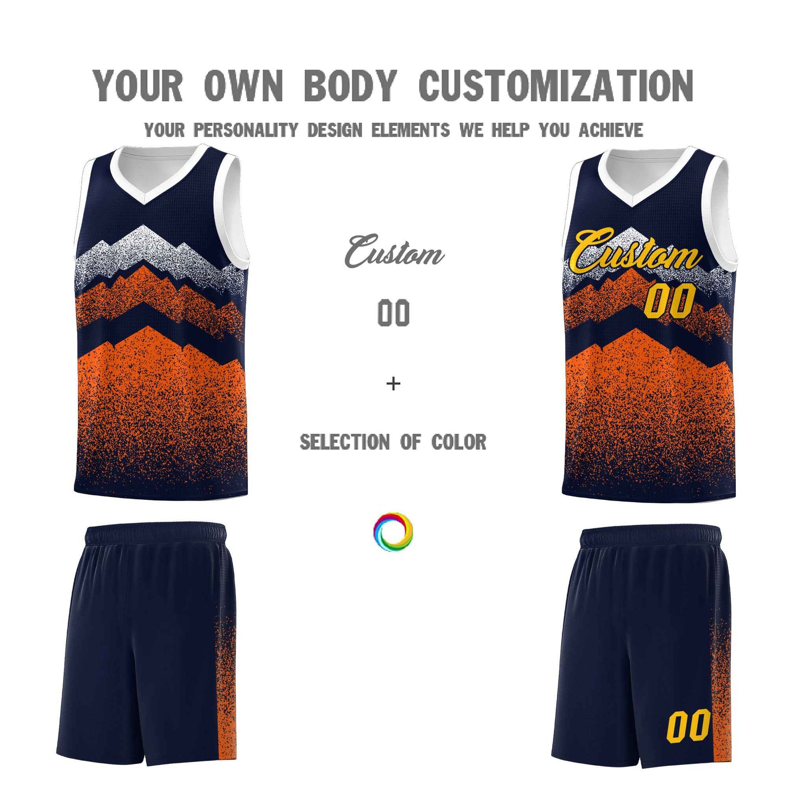 Personalized Youth Basketball Jerseys Navy Orange Gradient Mountain Design Uniforms