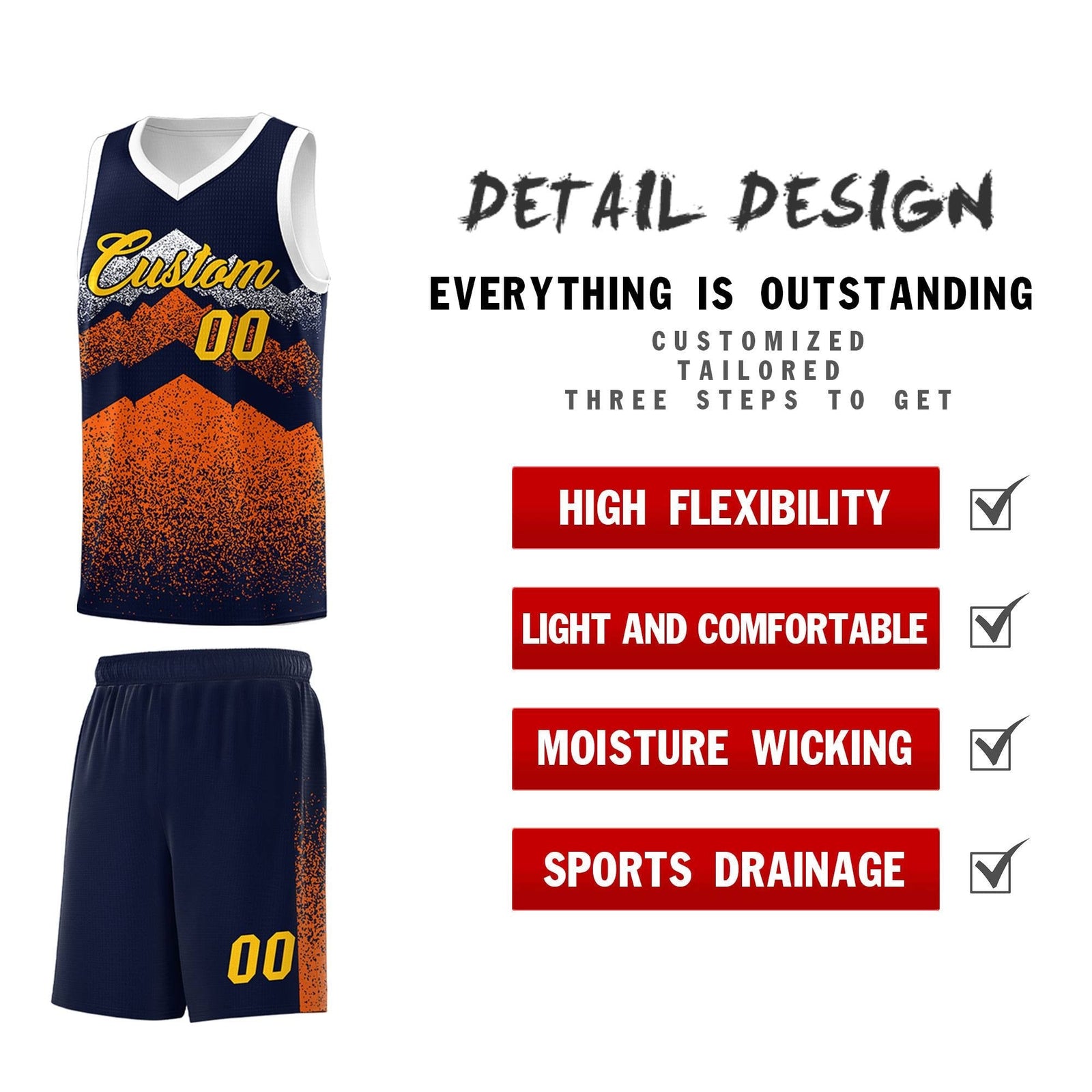 Personalized Youth Basketball Jerseys Navy Orange Gradient Mountain Design Uniforms