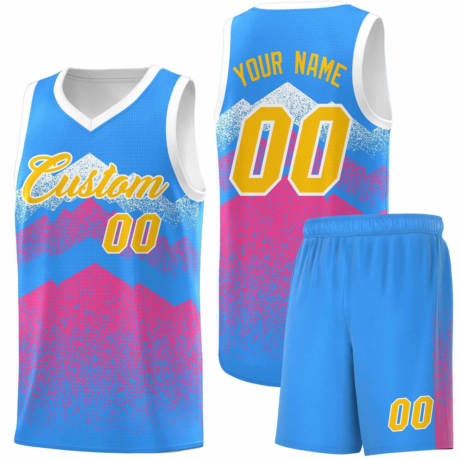 Custom Youth Basketball Jerseys Powder Blue Pink Gradient Mountain Design Uniforms