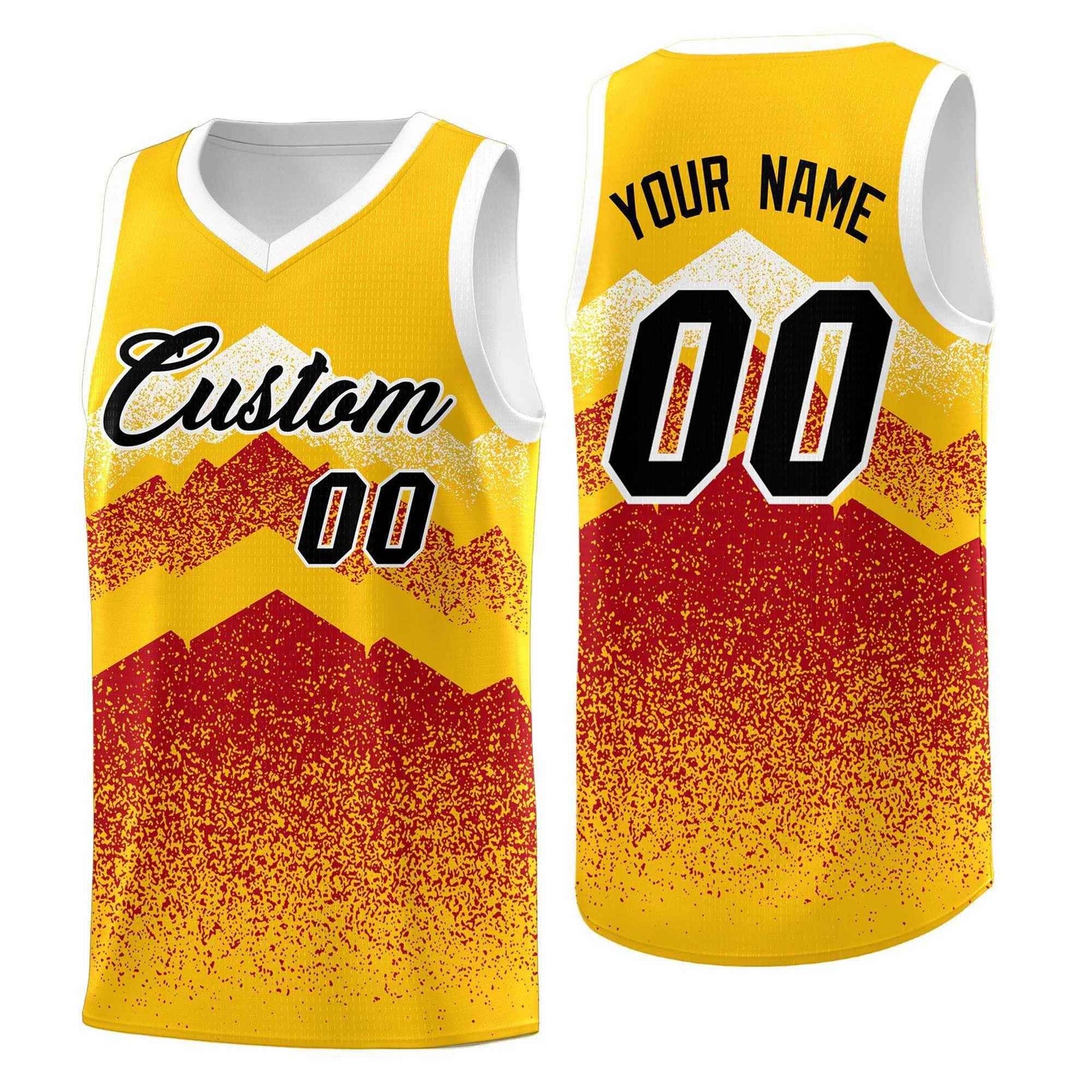 Personalized Youth Basketball Jerseys Gold Red Gradient Mountain Design Uniforms