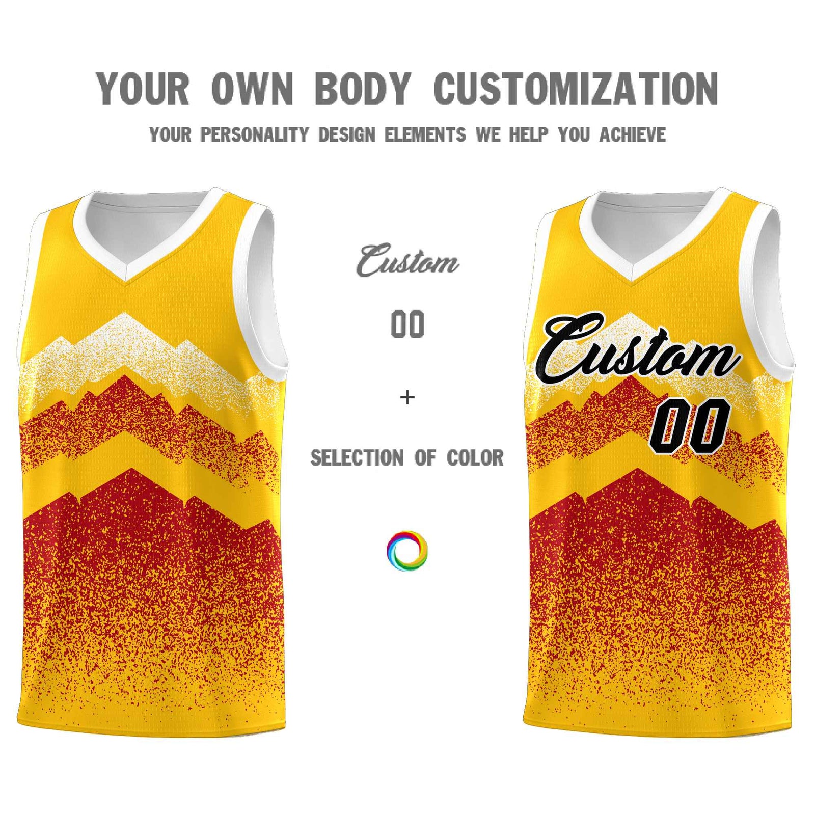 Personalized Youth Basketball Jerseys Gold Red Gradient Mountain Design Uniforms