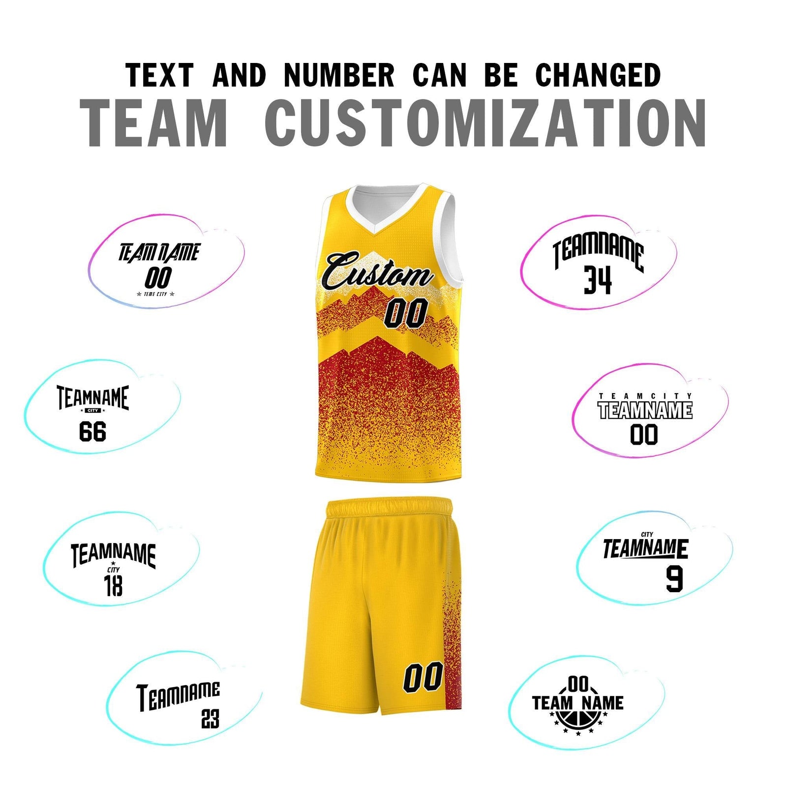 Personalized Youth Basketball Jerseys Gold Red Gradient Mountain Design Uniforms