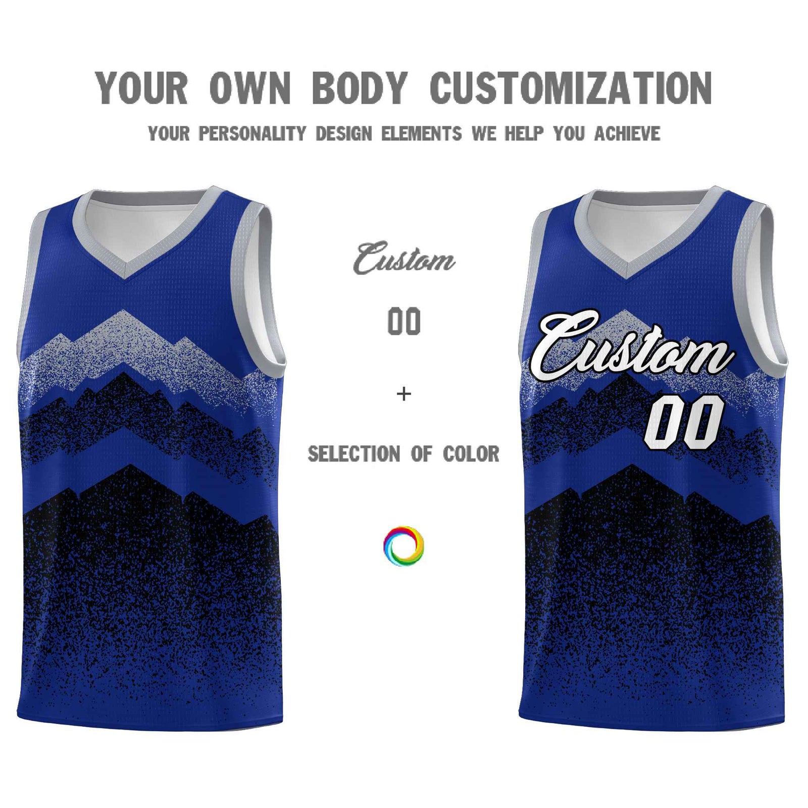 Personalized Youth Basketball Jerseys Royal Black Gradient Mountain Design Uniforms