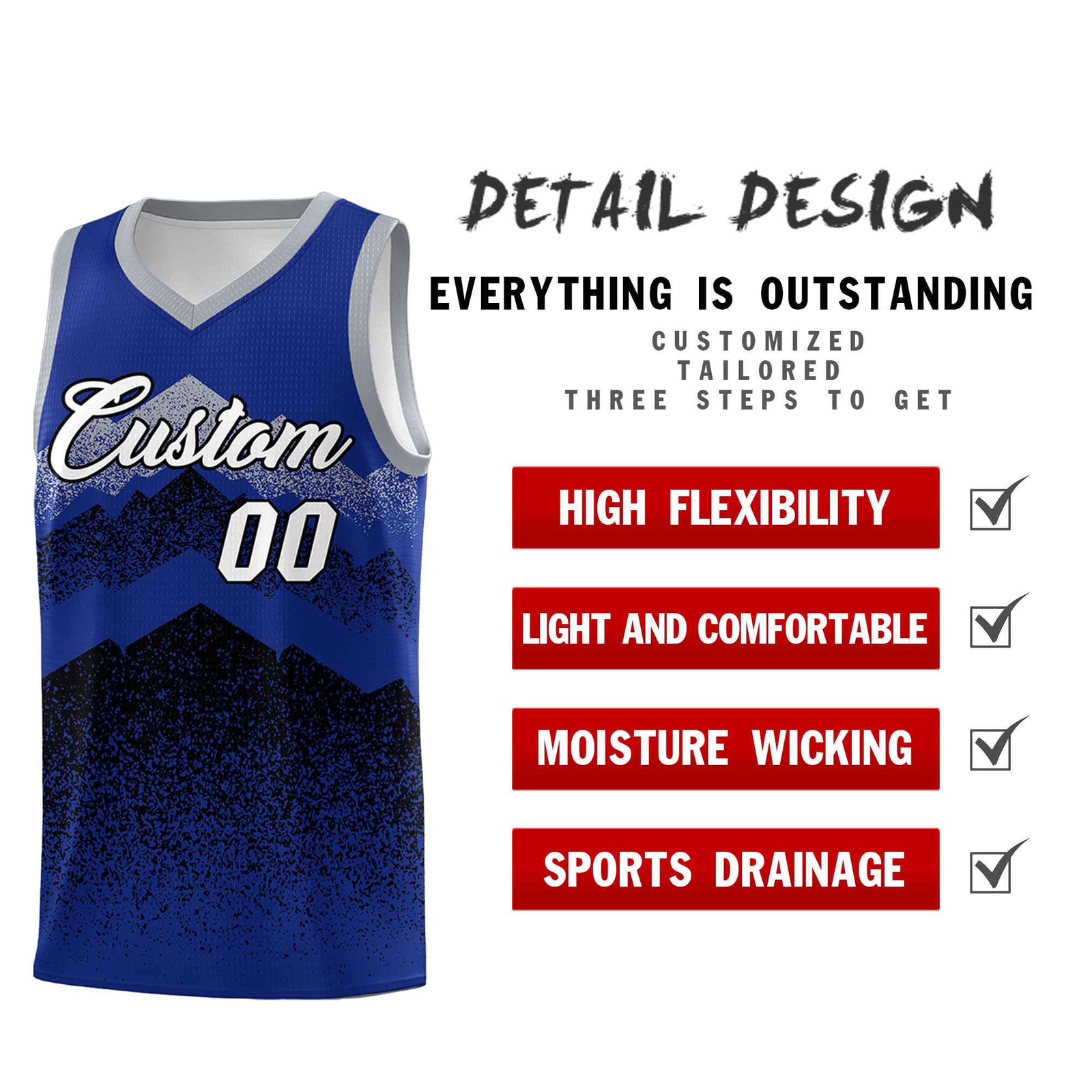 Personalized Youth Basketball Jerseys Royal Black Gradient Mountain Design Uniforms