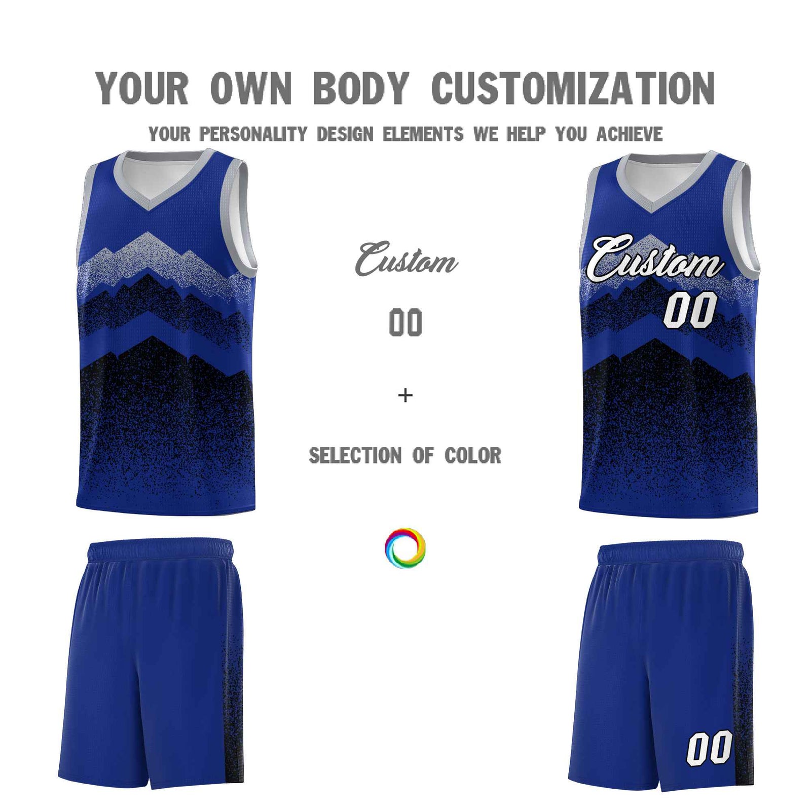 Personalized Youth Basketball Jerseys Royal Black Gradient Mountain Design Uniforms