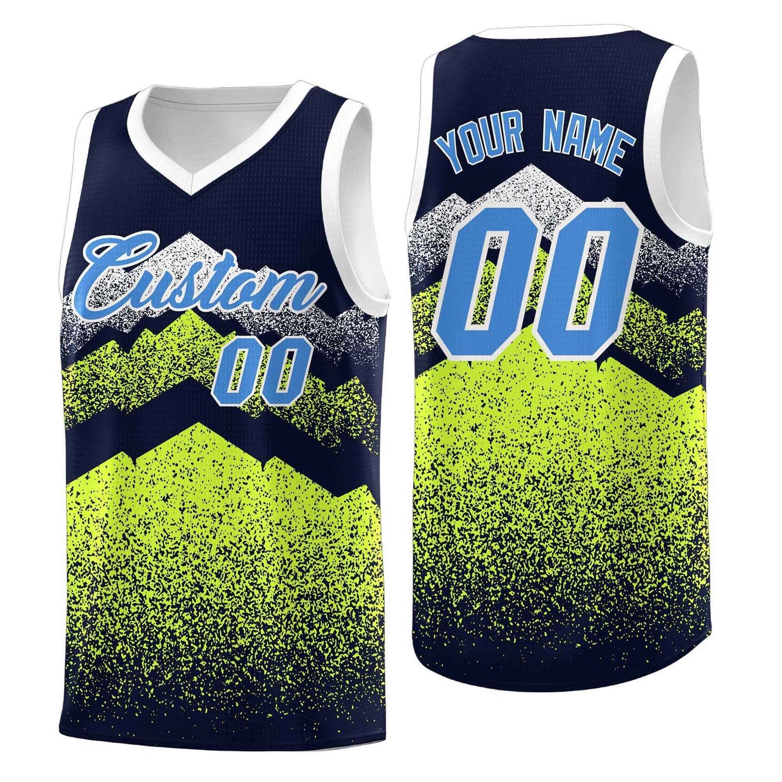 Personalized Youth Basketball Jerseys Navy Neon Green Gradient Mountain Design Uniforms