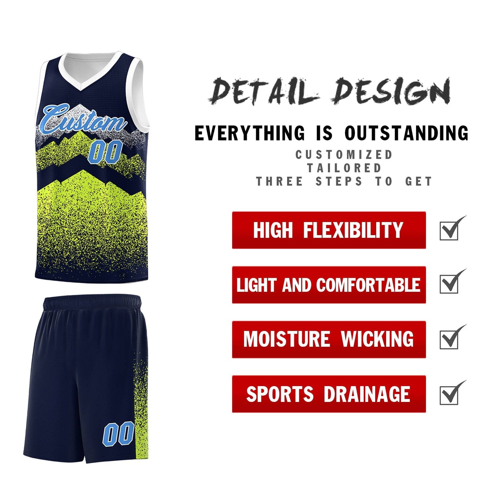 Personalized Youth Basketball Jerseys Navy Neon Green Gradient Mountain Design Uniforms