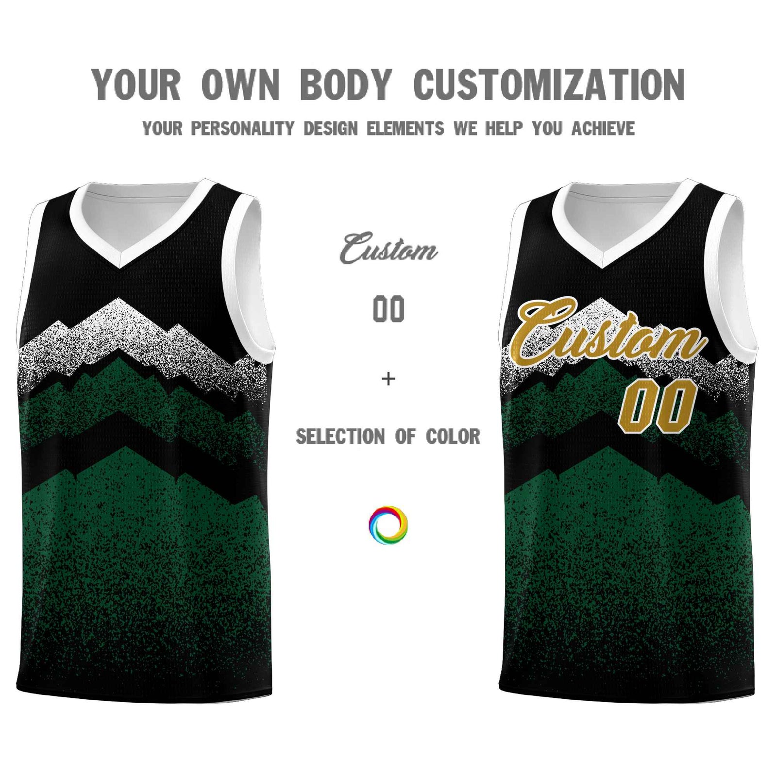 Personalized Youth Basketball Jerseys Black Green Gradient Mountain Design Uniforms