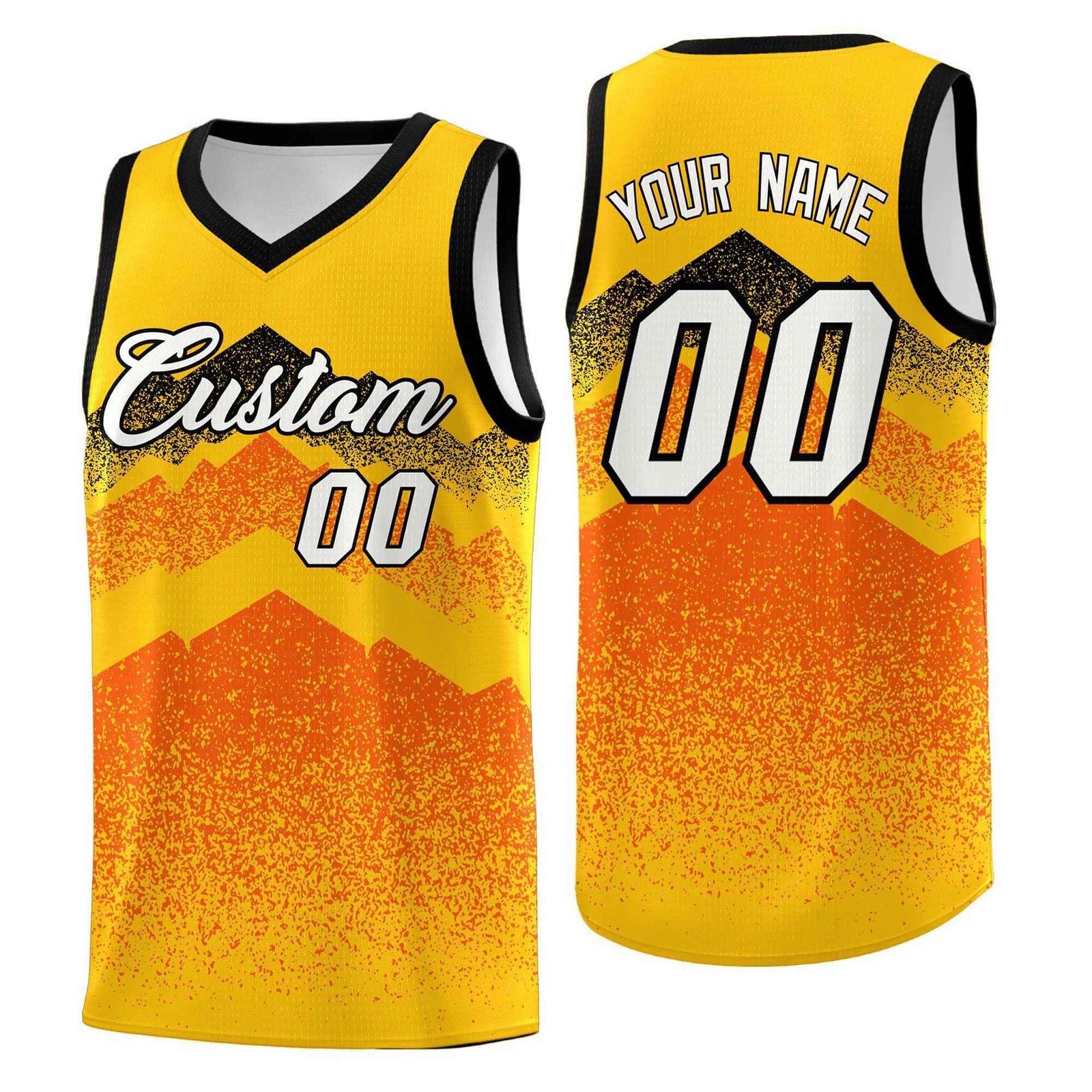 Personalized Youth Basketball Jerseys Yellow Orange Gradient Mountain Design Uniforms