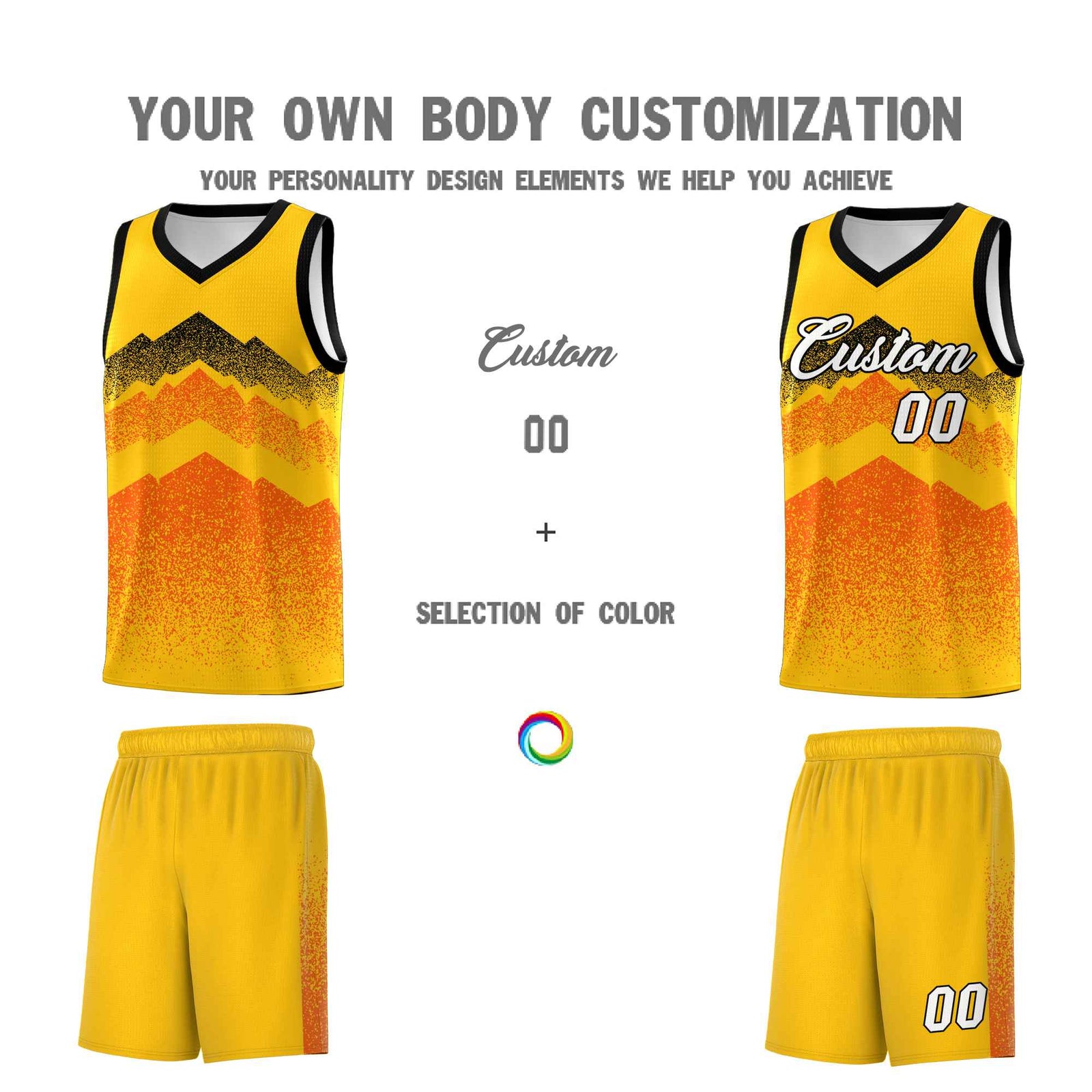 Personalized Youth Basketball Jerseys Yellow Orange Gradient Mountain Design Uniforms