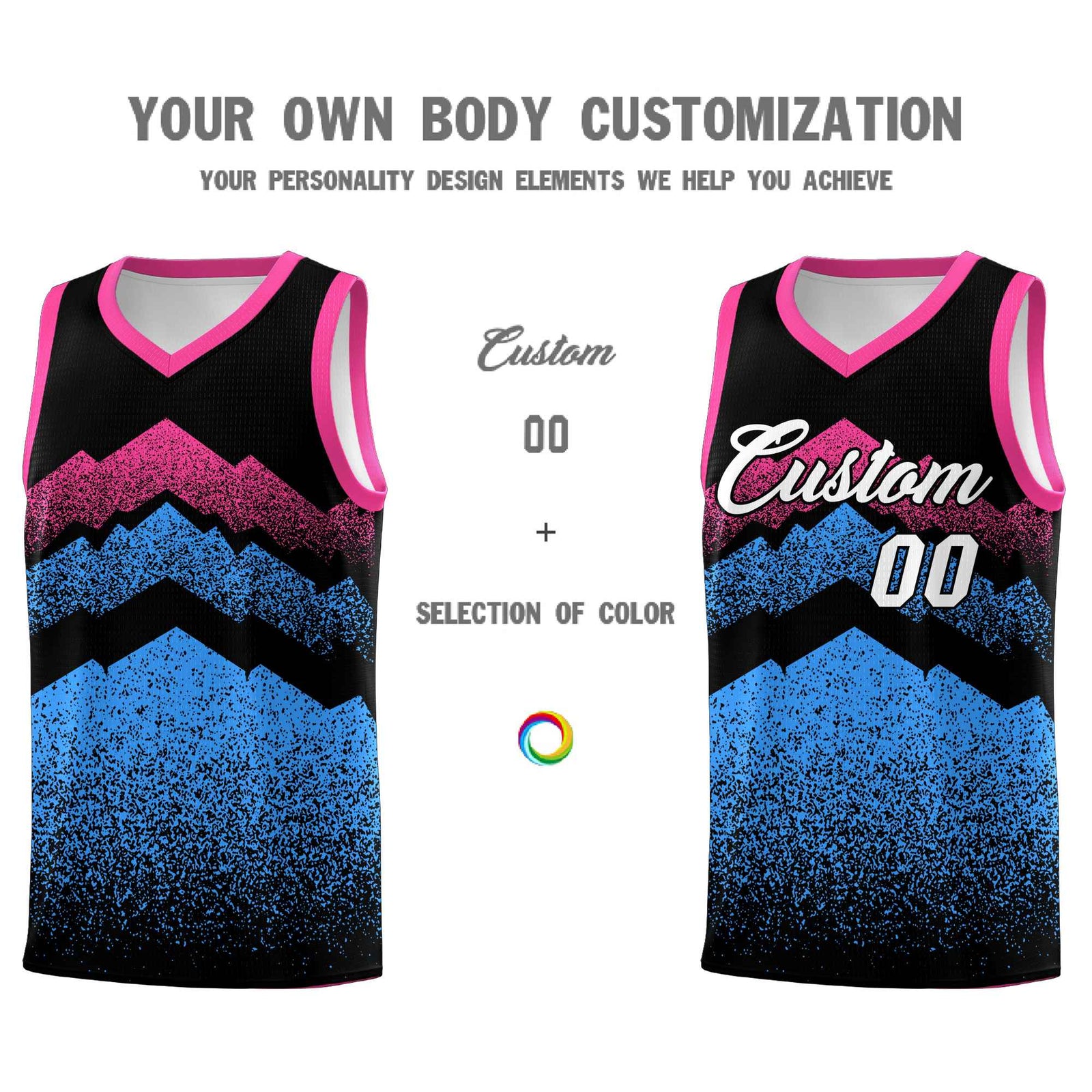 Custom Youth Basketball Jerseys Black Powder Blue Gradient Mountain Design Uniforms