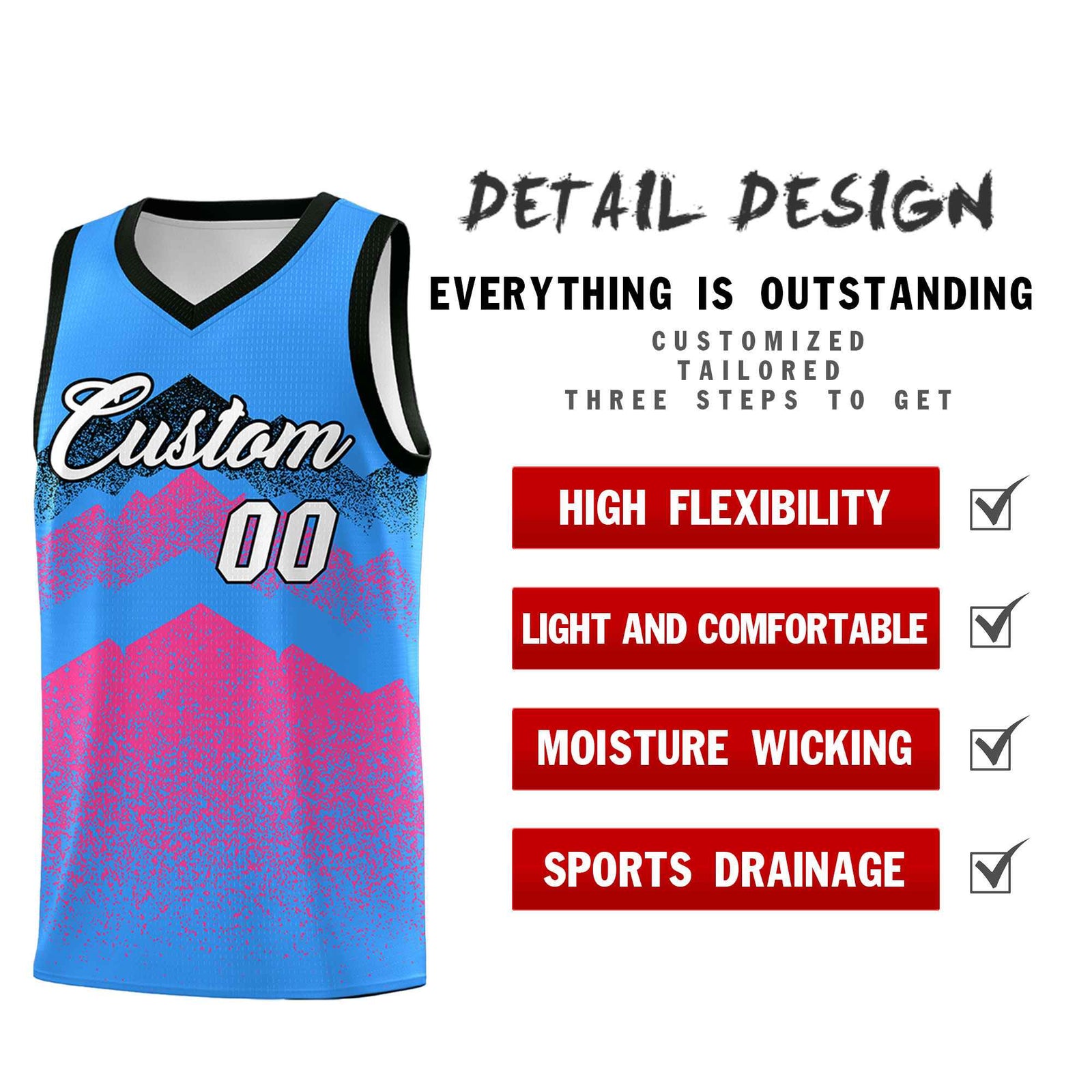 Custom Youth Basketball Jerseys Powder Blue Pink Gradient Mountain Design Uniforms