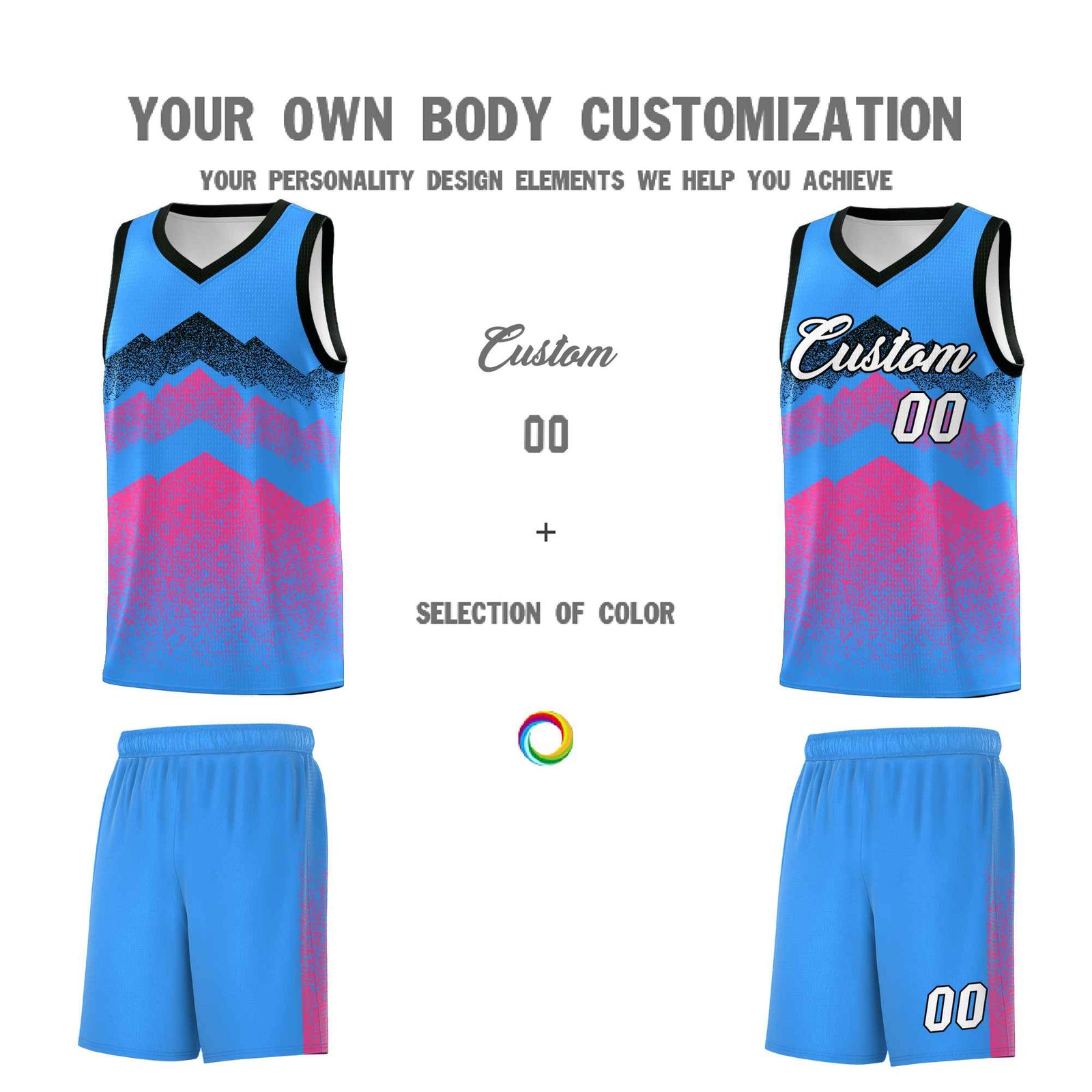Custom Youth Basketball Jerseys Powder Blue Pink Gradient Mountain Design Uniforms