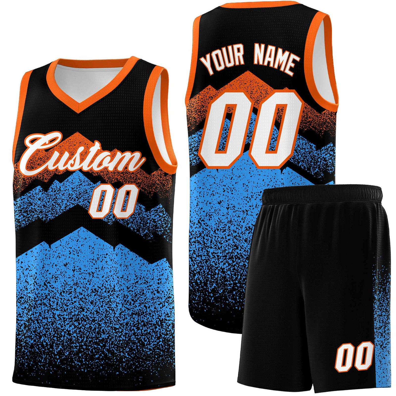 Personalized Youth Basketball Jerseys Black Powder Blue Gradient Mountain Design Uniforms