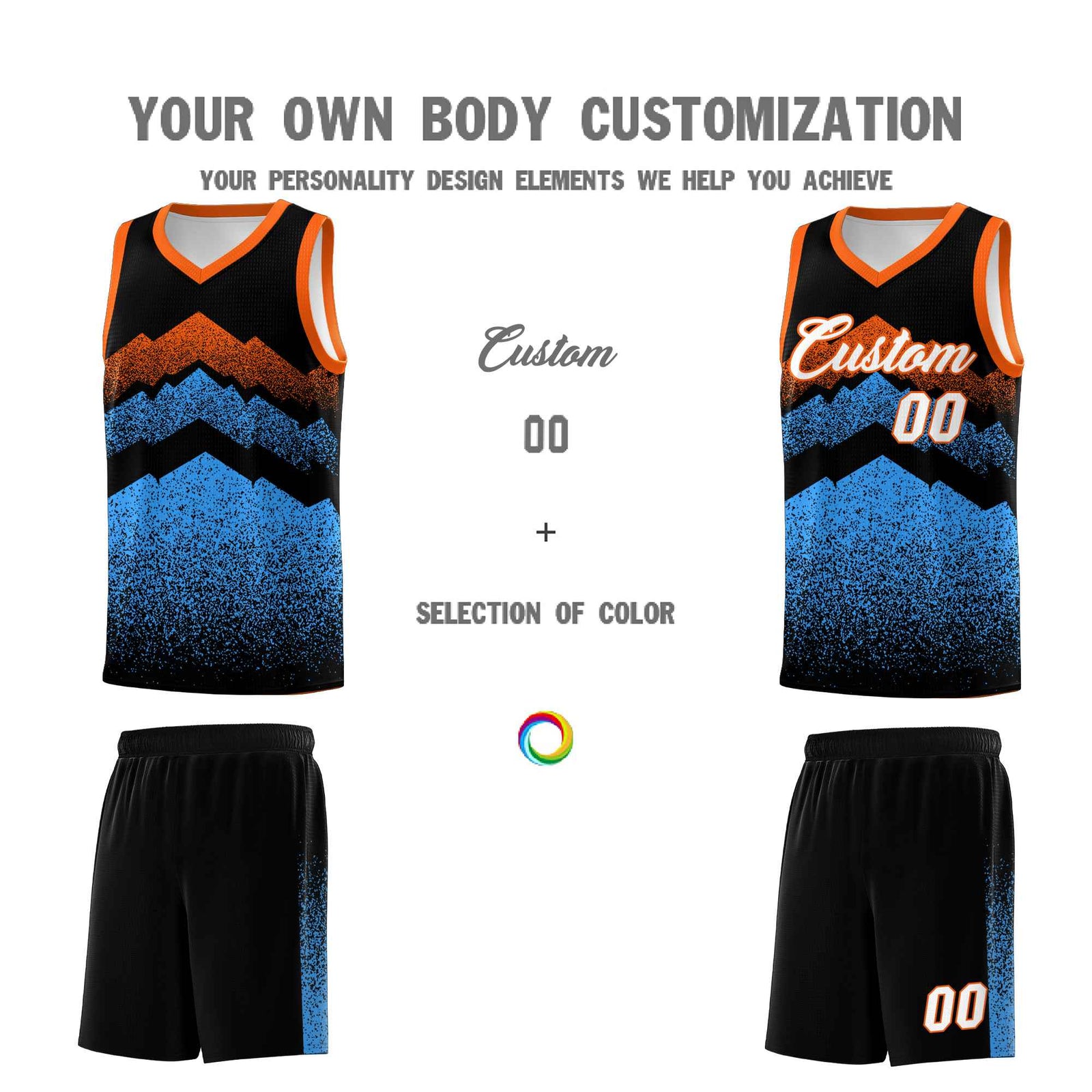 Personalized Youth Basketball Jerseys Black Powder Blue Gradient Mountain Design Uniforms