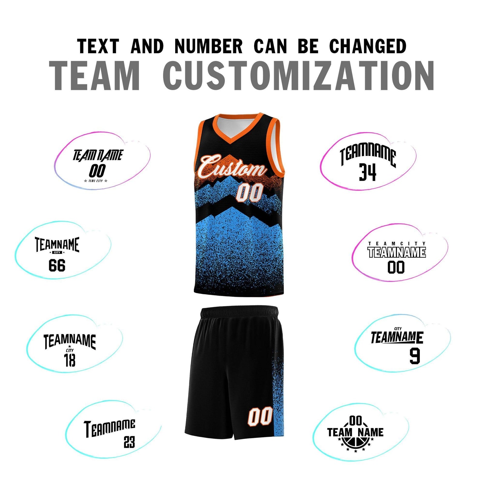 Personalized Youth Basketball Jerseys Black Powder Blue Gradient Mountain Design Uniforms