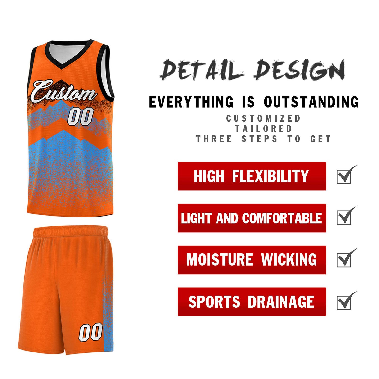 Custom Youth Basketball Jerseys Orange Powder Blue Gradient Mountain Design Uniforms