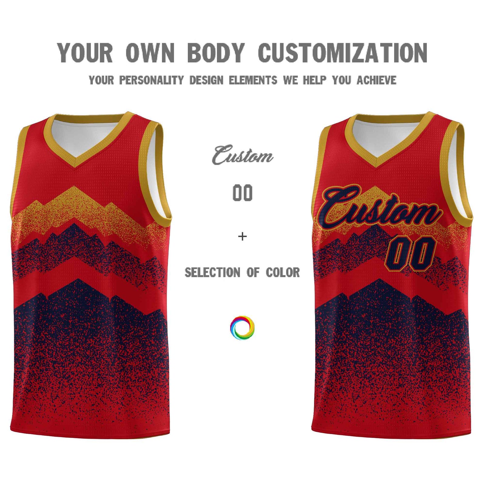 Personalized Youth Basketball Jerseys Red Navy Gradient Mountain Design Uniforms