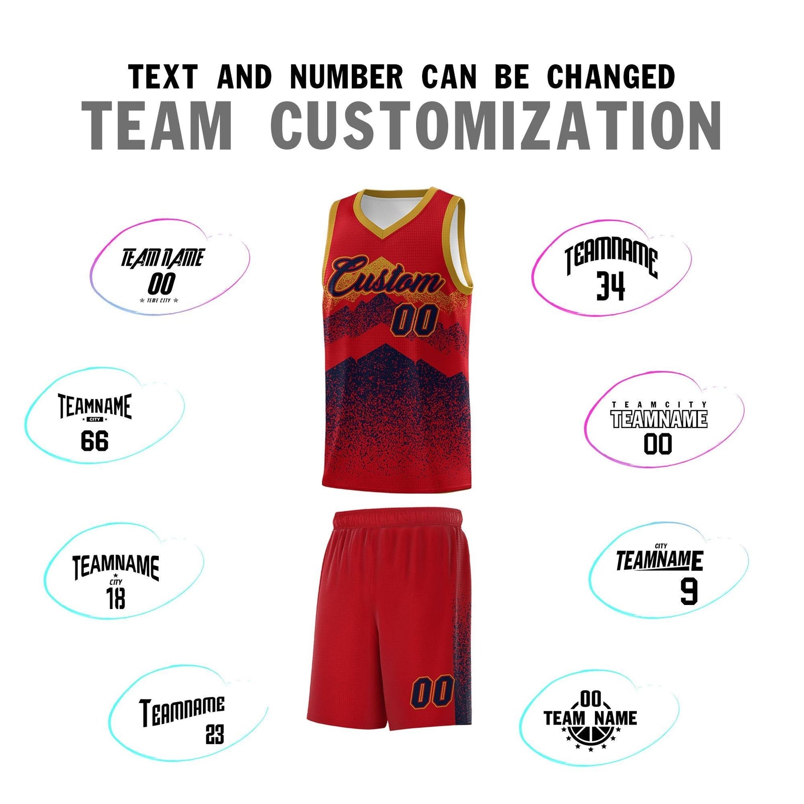 Personalized Youth Basketball Jerseys Red Navy Gradient Mountain Design Uniforms