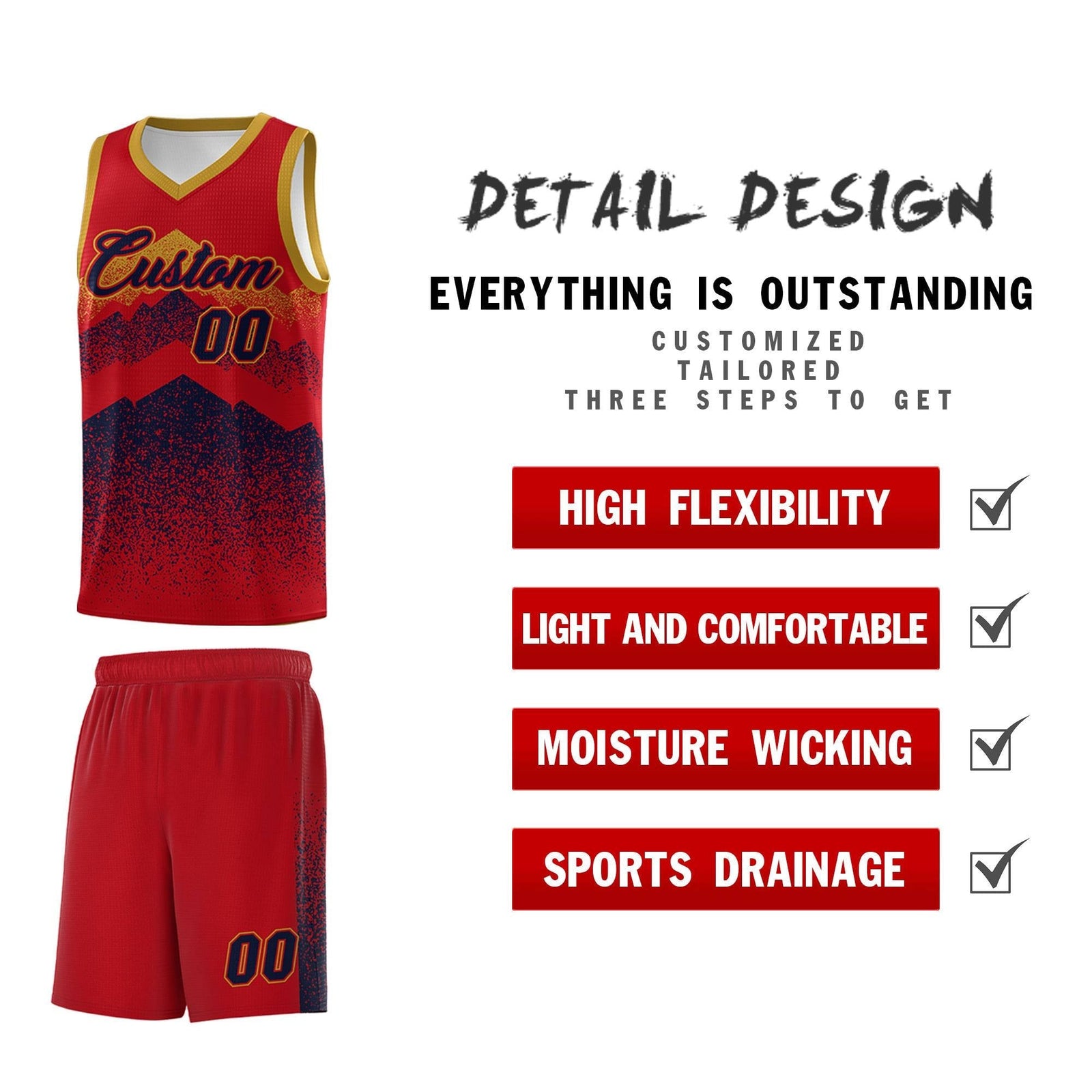 Personalized Youth Basketball Jerseys Red Navy Gradient Mountain Design Uniforms