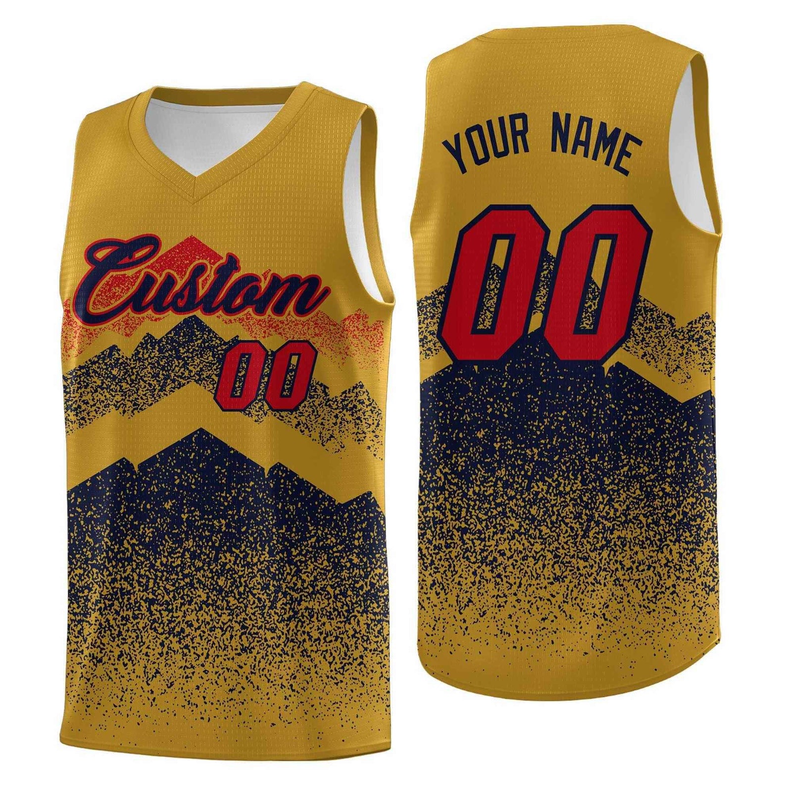 Personalized Youth Basketball Jerseys Old Gold Navy Gradient Mountain Design Uniforms