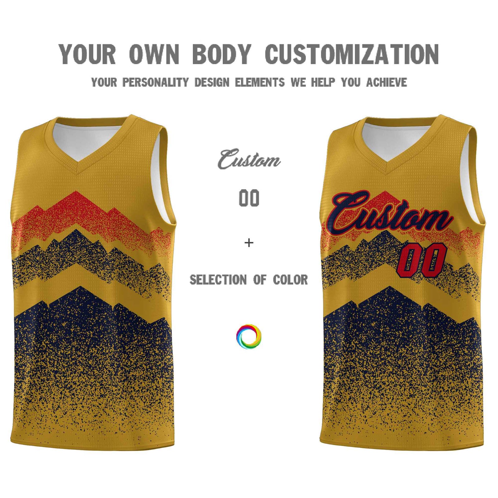 Personalized Youth Basketball Jerseys Old Gold Navy Gradient Mountain Design Uniforms