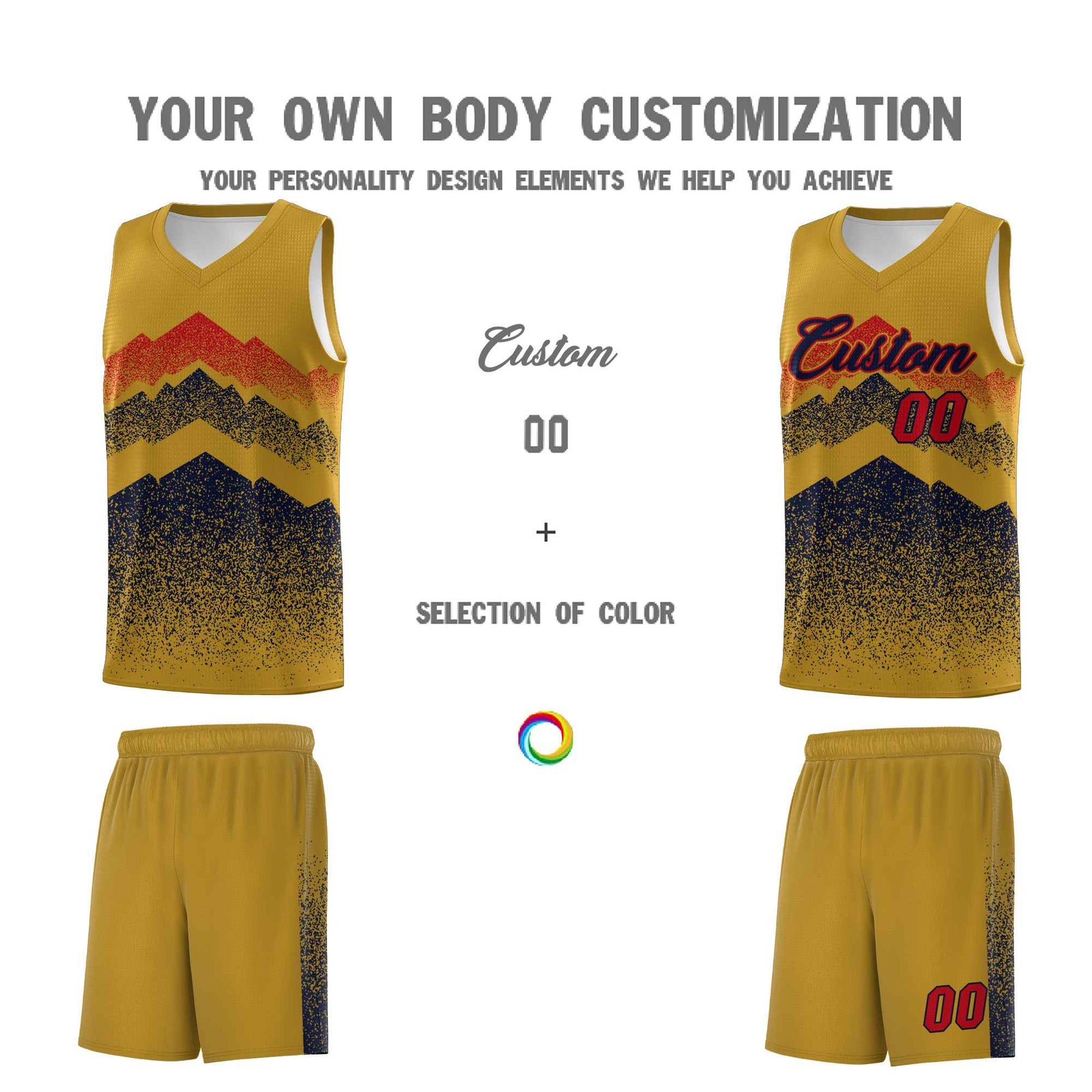 Personalized Youth Basketball Jerseys Old Gold Navy Gradient Mountain Design Uniforms