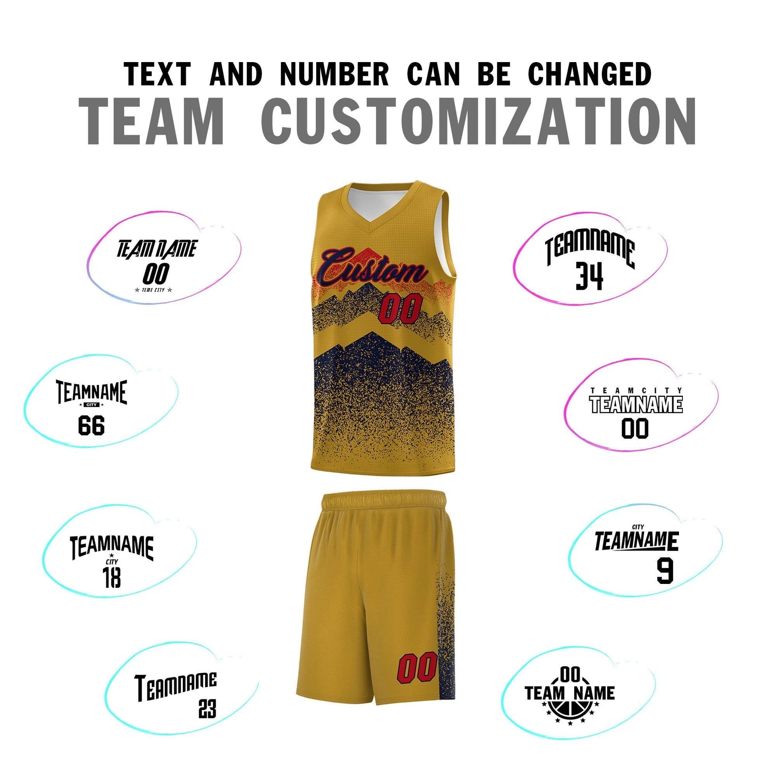 Personalized Youth Basketball Jerseys Old Gold Navy Gradient Mountain Design Uniforms