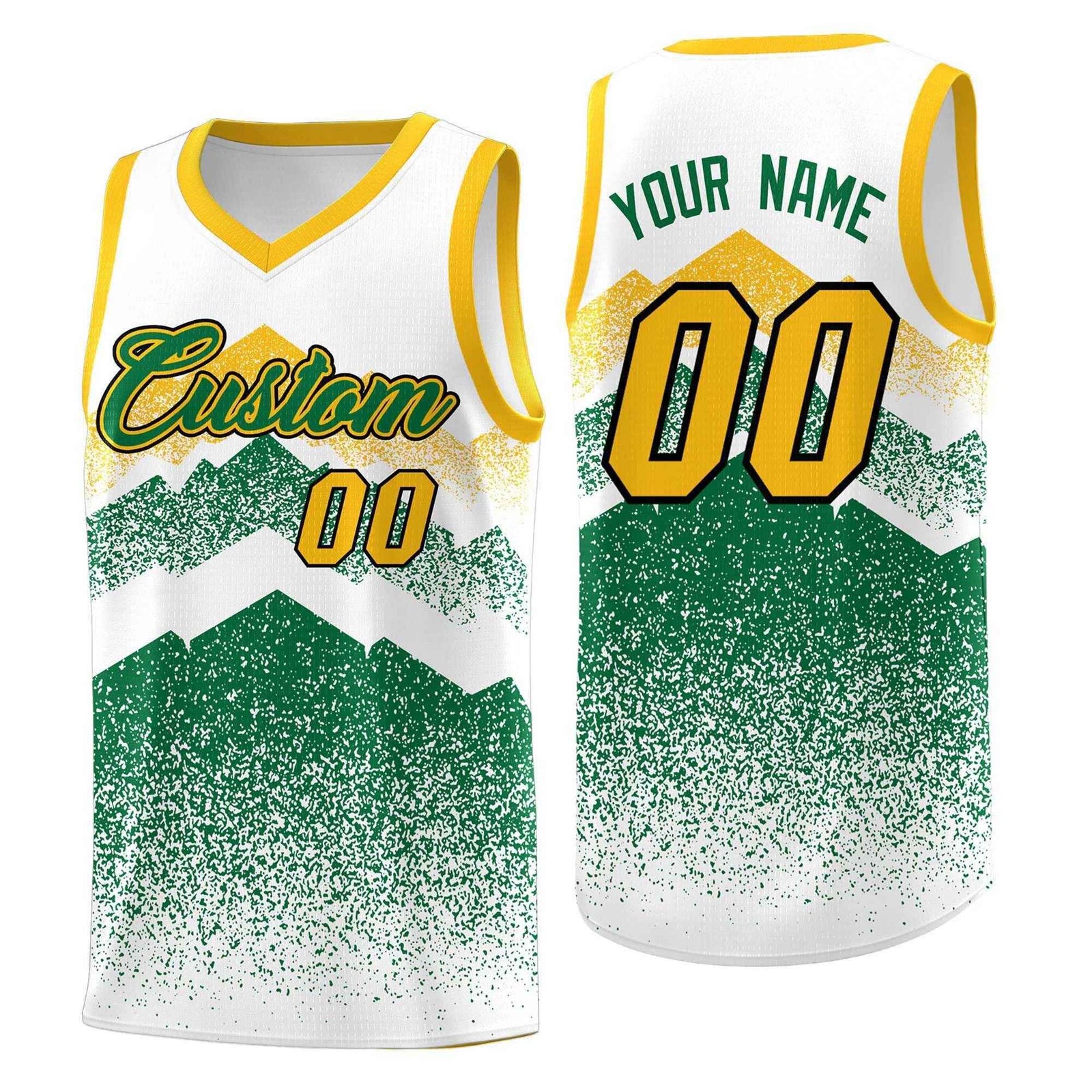 Personalized Youth Basketball Jerseys White Kelly Green Gradient Mountain Design Uniforms